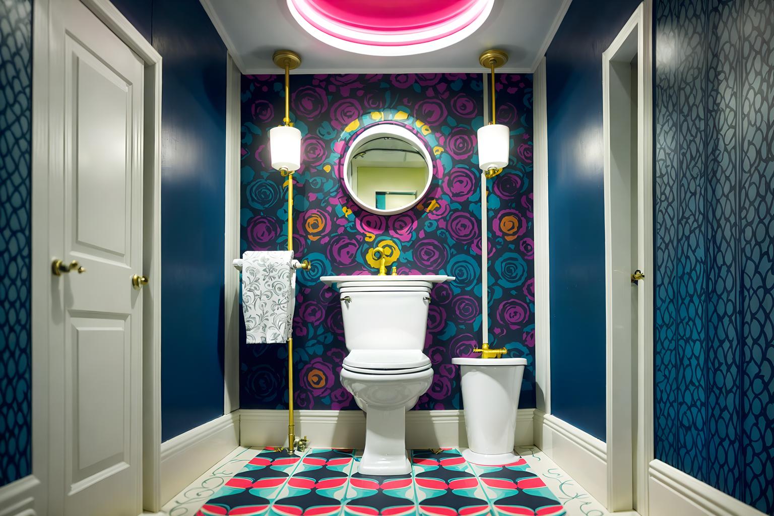 maximalist-style (toilet interior) with sink with tap and toilet with toilet seat up and toilet paper hanger and sink with tap. . with bold creativity and eye-catching and more is more philosophy and vibrant and bold design and bold colors and over-the-top aesthetic and playful. . cinematic photo, highly detailed, cinematic lighting, ultra-detailed, ultrarealistic, photorealism, 8k. maximalist interior design style. masterpiece, cinematic light, ultrarealistic+, photorealistic+, 8k, raw photo, realistic, sharp focus on eyes, (symmetrical eyes), (intact eyes), hyperrealistic, highest quality, best quality, , highly detailed, masterpiece, best quality, extremely detailed 8k wallpaper, masterpiece, best quality, ultra-detailed, best shadow, detailed background, detailed face, detailed eyes, high contrast, best illumination, detailed face, dulux, caustic, dynamic angle, detailed glow. dramatic lighting. highly detailed, insanely detailed hair, symmetrical, intricate details, professionally retouched, 8k high definition. strong bokeh. award winning photo.