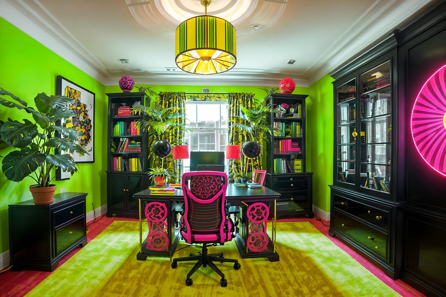 maximalist-style (home office interior) with plant and cabinets and desk lamp and office chair and computer desk and plant. . with bold colors and eye-catching and bold creativity and playful and bold design and vibrant and more is more philosophy and over-the-top aesthetic. . cinematic photo, highly detailed, cinematic lighting, ultra-detailed, ultrarealistic, photorealism, 8k. maximalist interior design style. masterpiece, cinematic light, ultrarealistic+, photorealistic+, 8k, raw photo, realistic, sharp focus on eyes, (symmetrical eyes), (intact eyes), hyperrealistic, highest quality, best quality, , highly detailed, masterpiece, best quality, extremely detailed 8k wallpaper, masterpiece, best quality, ultra-detailed, best shadow, detailed background, detailed face, detailed eyes, high contrast, best illumination, detailed face, dulux, caustic, dynamic angle, detailed glow. dramatic lighting. highly detailed, insanely detailed hair, symmetrical, intricate details, professionally retouched, 8k high definition. strong bokeh. award winning photo.