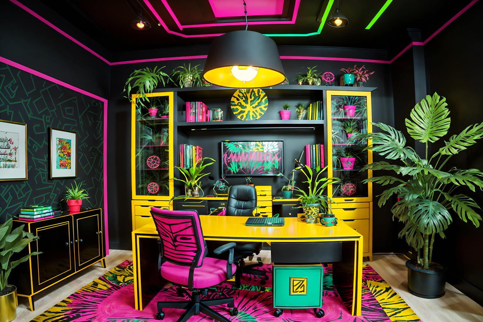 maximalist-style (home office interior) with plant and cabinets and desk lamp and office chair and computer desk and plant. . with bold colors and eye-catching and bold creativity and playful and bold design and vibrant and more is more philosophy and over-the-top aesthetic. . cinematic photo, highly detailed, cinematic lighting, ultra-detailed, ultrarealistic, photorealism, 8k. maximalist interior design style. masterpiece, cinematic light, ultrarealistic+, photorealistic+, 8k, raw photo, realistic, sharp focus on eyes, (symmetrical eyes), (intact eyes), hyperrealistic, highest quality, best quality, , highly detailed, masterpiece, best quality, extremely detailed 8k wallpaper, masterpiece, best quality, ultra-detailed, best shadow, detailed background, detailed face, detailed eyes, high contrast, best illumination, detailed face, dulux, caustic, dynamic angle, detailed glow. dramatic lighting. highly detailed, insanely detailed hair, symmetrical, intricate details, professionally retouched, 8k high definition. strong bokeh. award winning photo.