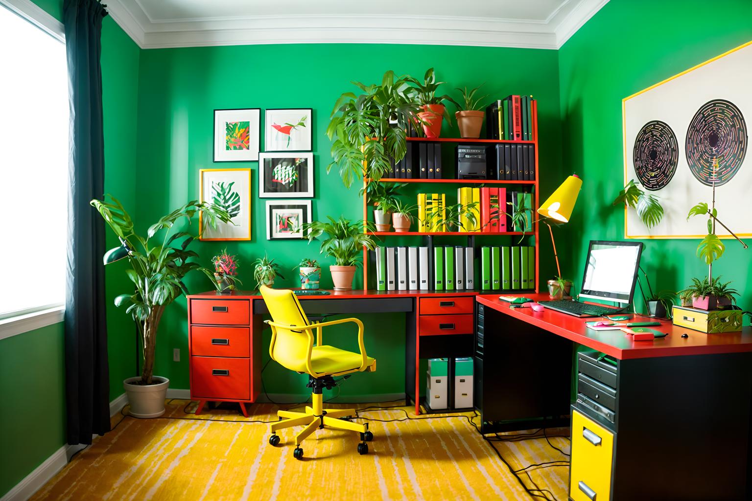 maximalist-style (home office interior) with plant and cabinets and desk lamp and office chair and computer desk and plant. . with bold colors and eye-catching and bold creativity and playful and bold design and vibrant and more is more philosophy and over-the-top aesthetic. . cinematic photo, highly detailed, cinematic lighting, ultra-detailed, ultrarealistic, photorealism, 8k. maximalist interior design style. masterpiece, cinematic light, ultrarealistic+, photorealistic+, 8k, raw photo, realistic, sharp focus on eyes, (symmetrical eyes), (intact eyes), hyperrealistic, highest quality, best quality, , highly detailed, masterpiece, best quality, extremely detailed 8k wallpaper, masterpiece, best quality, ultra-detailed, best shadow, detailed background, detailed face, detailed eyes, high contrast, best illumination, detailed face, dulux, caustic, dynamic angle, detailed glow. dramatic lighting. highly detailed, insanely detailed hair, symmetrical, intricate details, professionally retouched, 8k high definition. strong bokeh. award winning photo.