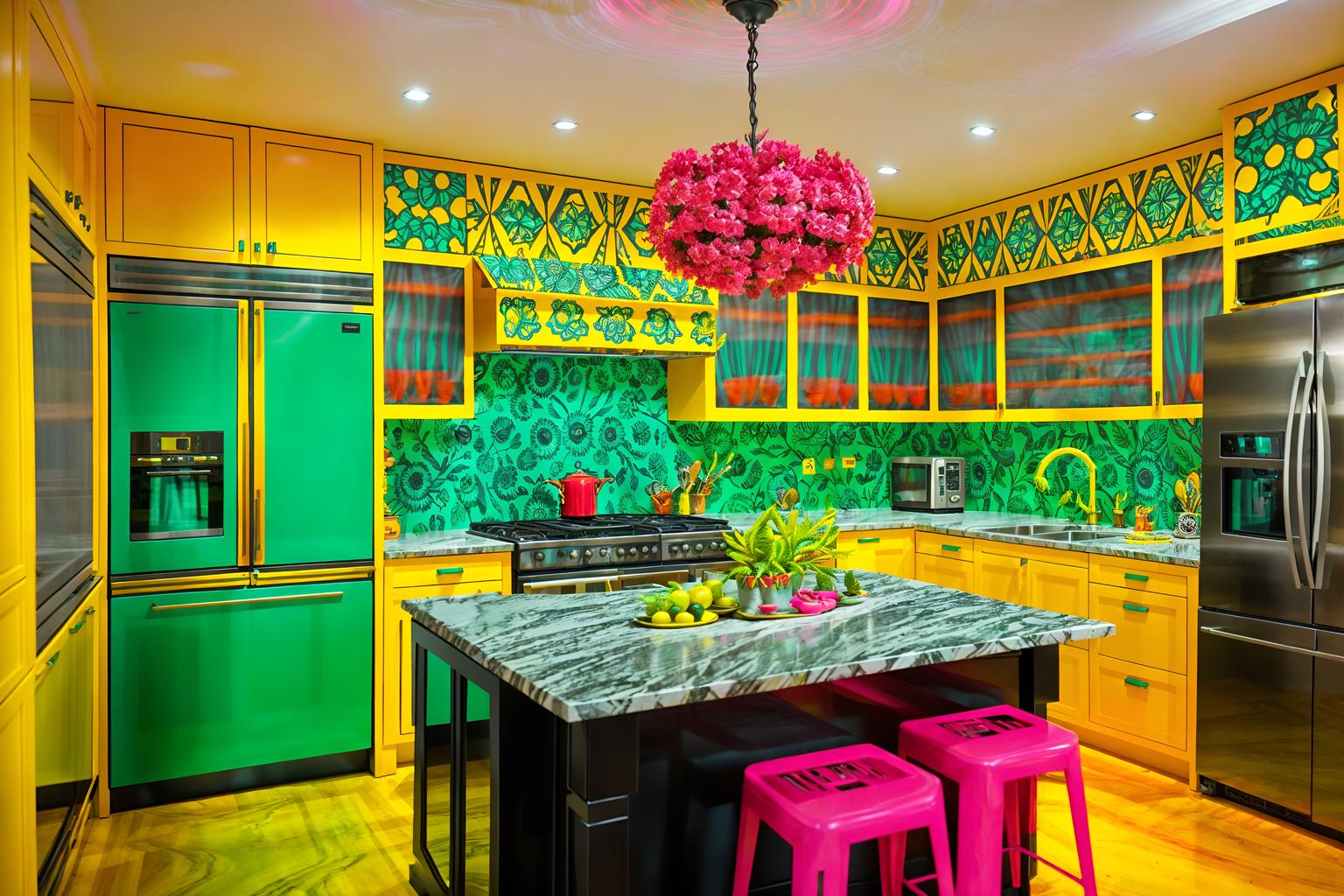 maximalist-style (kitchen interior) with sink and stove and worktops and refrigerator and kitchen cabinets and plant and sink. . with bold design and eye-catching and more is more philosophy and bold colors and vibrant and over-the-top aesthetic and playful and bold patterns. . cinematic photo, highly detailed, cinematic lighting, ultra-detailed, ultrarealistic, photorealism, 8k. maximalist interior design style. masterpiece, cinematic light, ultrarealistic+, photorealistic+, 8k, raw photo, realistic, sharp focus on eyes, (symmetrical eyes), (intact eyes), hyperrealistic, highest quality, best quality, , highly detailed, masterpiece, best quality, extremely detailed 8k wallpaper, masterpiece, best quality, ultra-detailed, best shadow, detailed background, detailed face, detailed eyes, high contrast, best illumination, detailed face, dulux, caustic, dynamic angle, detailed glow. dramatic lighting. highly detailed, insanely detailed hair, symmetrical, intricate details, professionally retouched, 8k high definition. strong bokeh. award winning photo.