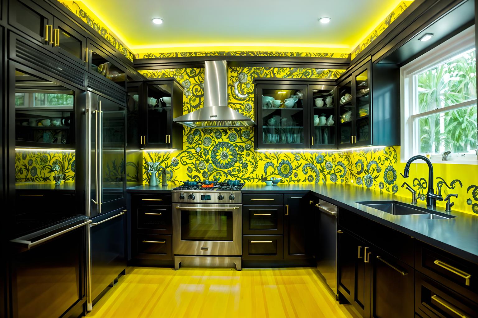 maximalist-style (kitchen interior) with sink and stove and worktops and refrigerator and kitchen cabinets and plant and sink. . with bold design and eye-catching and more is more philosophy and bold colors and vibrant and over-the-top aesthetic and playful and bold patterns. . cinematic photo, highly detailed, cinematic lighting, ultra-detailed, ultrarealistic, photorealism, 8k. maximalist interior design style. masterpiece, cinematic light, ultrarealistic+, photorealistic+, 8k, raw photo, realistic, sharp focus on eyes, (symmetrical eyes), (intact eyes), hyperrealistic, highest quality, best quality, , highly detailed, masterpiece, best quality, extremely detailed 8k wallpaper, masterpiece, best quality, ultra-detailed, best shadow, detailed background, detailed face, detailed eyes, high contrast, best illumination, detailed face, dulux, caustic, dynamic angle, detailed glow. dramatic lighting. highly detailed, insanely detailed hair, symmetrical, intricate details, professionally retouched, 8k high definition. strong bokeh. award winning photo.
