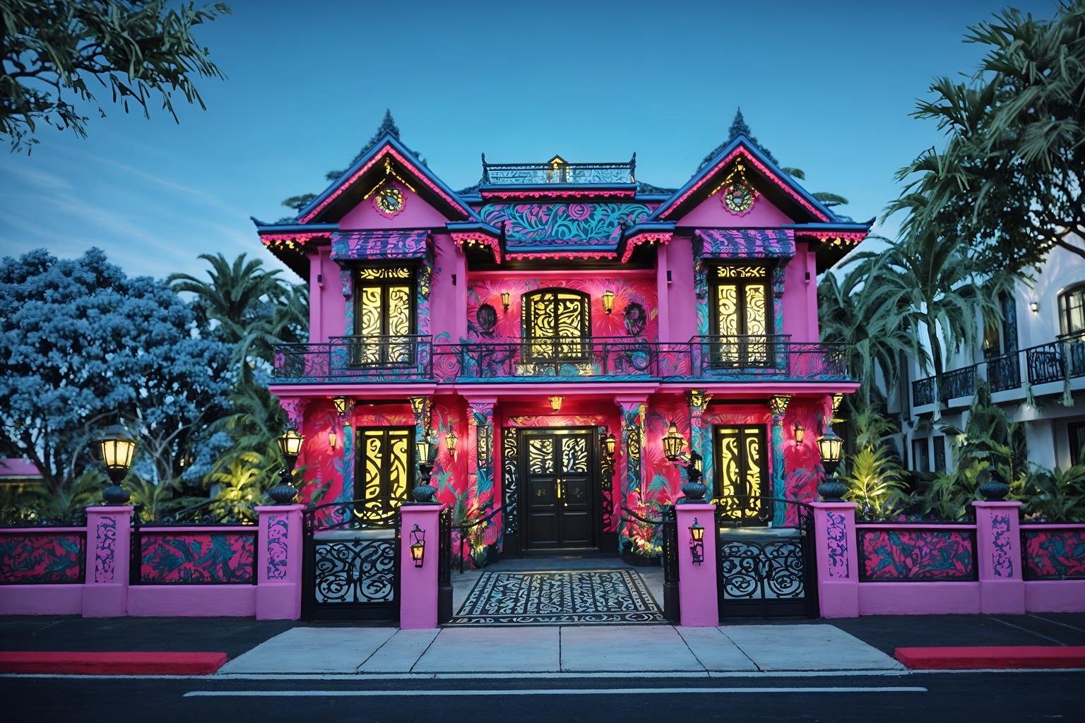 maximalist-style exterior designed (house exterior exterior) . with more is more philosophy and eye-catching and bold colors and bold patterns and vibrant and bold creativity and playful and over-the-top aesthetic. . cinematic photo, highly detailed, cinematic lighting, ultra-detailed, ultrarealistic, photorealism, 8k. maximalist exterior design style. masterpiece, cinematic light, ultrarealistic+, photorealistic+, 8k, raw photo, realistic, sharp focus on eyes, (symmetrical eyes), (intact eyes), hyperrealistic, highest quality, best quality, , highly detailed, masterpiece, best quality, extremely detailed 8k wallpaper, masterpiece, best quality, ultra-detailed, best shadow, detailed background, detailed face, detailed eyes, high contrast, best illumination, detailed face, dulux, caustic, dynamic angle, detailed glow. dramatic lighting. highly detailed, insanely detailed hair, symmetrical, intricate details, professionally retouched, 8k high definition. strong bokeh. award winning photo.