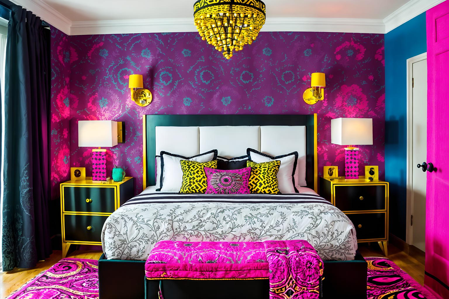 maximalist-style (hotel room interior) with bed and hotel bathroom and headboard and storage bench or ottoman and bedside table or night stand and dresser closet and night light and working desk with desk chair. . with bold patterns and playful and eye-catching and bold creativity and over-the-top aesthetic and bold design and vibrant and bold colors. . cinematic photo, highly detailed, cinematic lighting, ultra-detailed, ultrarealistic, photorealism, 8k. maximalist interior design style. masterpiece, cinematic light, ultrarealistic+, photorealistic+, 8k, raw photo, realistic, sharp focus on eyes, (symmetrical eyes), (intact eyes), hyperrealistic, highest quality, best quality, , highly detailed, masterpiece, best quality, extremely detailed 8k wallpaper, masterpiece, best quality, ultra-detailed, best shadow, detailed background, detailed face, detailed eyes, high contrast, best illumination, detailed face, dulux, caustic, dynamic angle, detailed glow. dramatic lighting. highly detailed, insanely detailed hair, symmetrical, intricate details, professionally retouched, 8k high definition. strong bokeh. award winning photo.