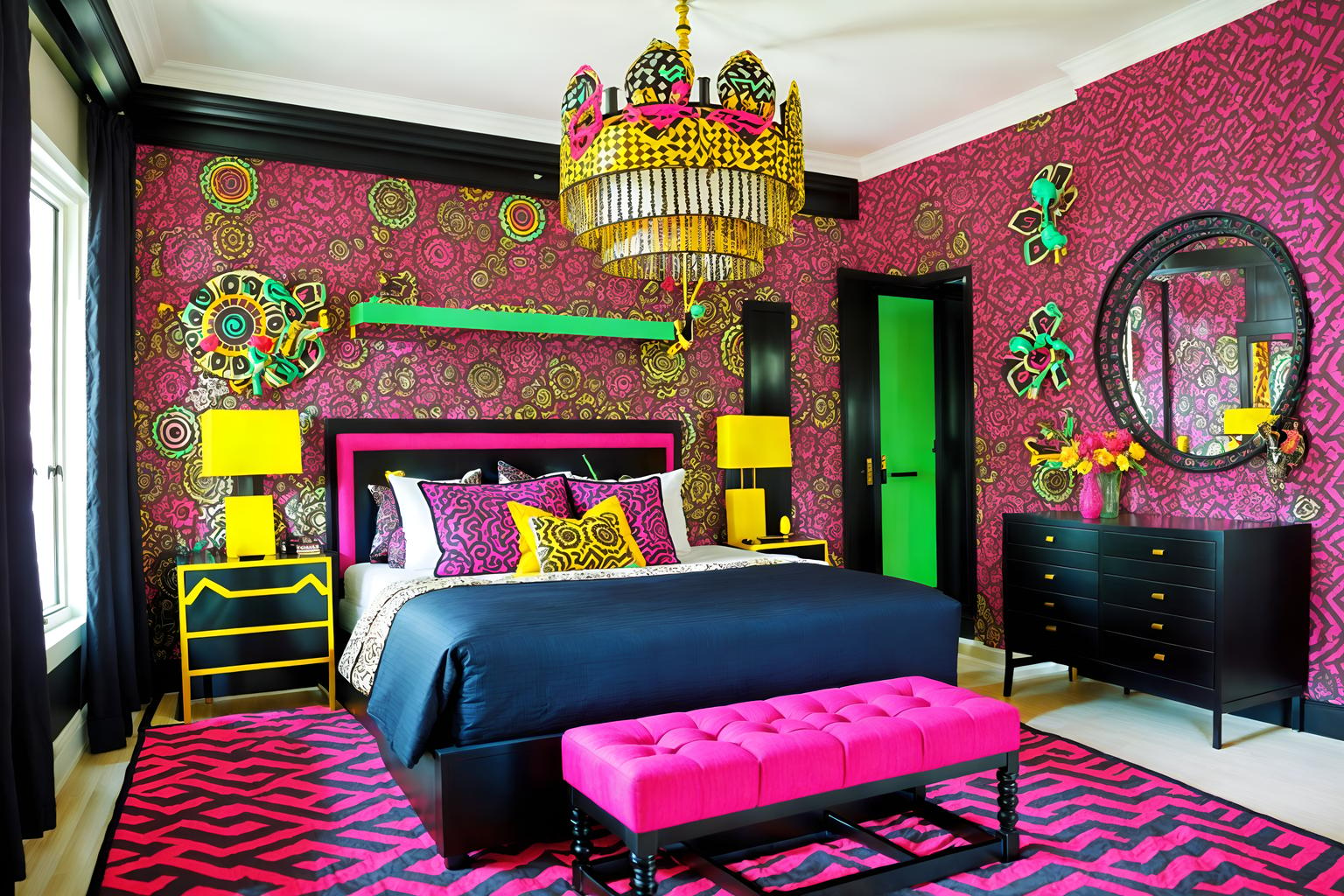 maximalist-style (hotel room interior) with bed and hotel bathroom and headboard and storage bench or ottoman and bedside table or night stand and dresser closet and night light and working desk with desk chair. . with bold patterns and playful and eye-catching and bold creativity and over-the-top aesthetic and bold design and vibrant and bold colors. . cinematic photo, highly detailed, cinematic lighting, ultra-detailed, ultrarealistic, photorealism, 8k. maximalist interior design style. masterpiece, cinematic light, ultrarealistic+, photorealistic+, 8k, raw photo, realistic, sharp focus on eyes, (symmetrical eyes), (intact eyes), hyperrealistic, highest quality, best quality, , highly detailed, masterpiece, best quality, extremely detailed 8k wallpaper, masterpiece, best quality, ultra-detailed, best shadow, detailed background, detailed face, detailed eyes, high contrast, best illumination, detailed face, dulux, caustic, dynamic angle, detailed glow. dramatic lighting. highly detailed, insanely detailed hair, symmetrical, intricate details, professionally retouched, 8k high definition. strong bokeh. award winning photo.