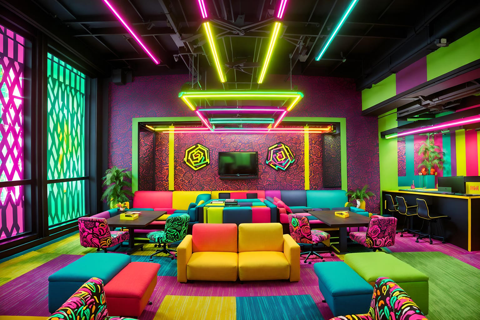 maximalist-style (coworking space interior) with office desks and lounge chairs and office chairs and seating area with sofa and office desks. . with bold creativity and bold patterns and more is more philosophy and bold colors and vibrant and bold design and over-the-top aesthetic and playful. . cinematic photo, highly detailed, cinematic lighting, ultra-detailed, ultrarealistic, photorealism, 8k. maximalist interior design style. masterpiece, cinematic light, ultrarealistic+, photorealistic+, 8k, raw photo, realistic, sharp focus on eyes, (symmetrical eyes), (intact eyes), hyperrealistic, highest quality, best quality, , highly detailed, masterpiece, best quality, extremely detailed 8k wallpaper, masterpiece, best quality, ultra-detailed, best shadow, detailed background, detailed face, detailed eyes, high contrast, best illumination, detailed face, dulux, caustic, dynamic angle, detailed glow. dramatic lighting. highly detailed, insanely detailed hair, symmetrical, intricate details, professionally retouched, 8k high definition. strong bokeh. award winning photo.