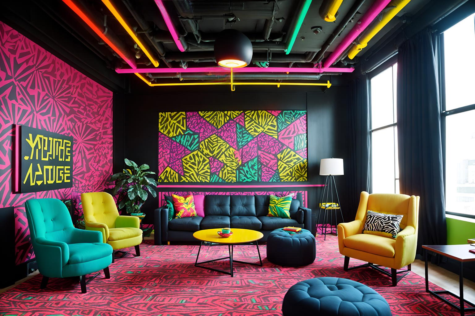 maximalist-style (coworking space interior) with office desks and lounge chairs and office chairs and seating area with sofa and office desks. . with bold creativity and bold patterns and more is more philosophy and bold colors and vibrant and bold design and over-the-top aesthetic and playful. . cinematic photo, highly detailed, cinematic lighting, ultra-detailed, ultrarealistic, photorealism, 8k. maximalist interior design style. masterpiece, cinematic light, ultrarealistic+, photorealistic+, 8k, raw photo, realistic, sharp focus on eyes, (symmetrical eyes), (intact eyes), hyperrealistic, highest quality, best quality, , highly detailed, masterpiece, best quality, extremely detailed 8k wallpaper, masterpiece, best quality, ultra-detailed, best shadow, detailed background, detailed face, detailed eyes, high contrast, best illumination, detailed face, dulux, caustic, dynamic angle, detailed glow. dramatic lighting. highly detailed, insanely detailed hair, symmetrical, intricate details, professionally retouched, 8k high definition. strong bokeh. award winning photo.