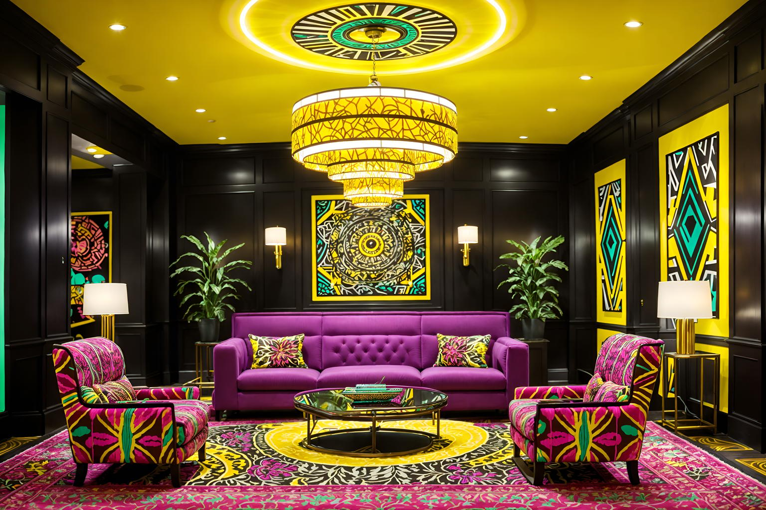 maximalist-style (hotel lobby interior) with lounge chairs and hanging lamps and sofas and check in desk and plant and rug and coffee tables and furniture. . with bold patterns and eye-catching and over-the-top aesthetic and bold design and bold colors and playful and vibrant and more is more philosophy. . cinematic photo, highly detailed, cinematic lighting, ultra-detailed, ultrarealistic, photorealism, 8k. maximalist interior design style. masterpiece, cinematic light, ultrarealistic+, photorealistic+, 8k, raw photo, realistic, sharp focus on eyes, (symmetrical eyes), (intact eyes), hyperrealistic, highest quality, best quality, , highly detailed, masterpiece, best quality, extremely detailed 8k wallpaper, masterpiece, best quality, ultra-detailed, best shadow, detailed background, detailed face, detailed eyes, high contrast, best illumination, detailed face, dulux, caustic, dynamic angle, detailed glow. dramatic lighting. highly detailed, insanely detailed hair, symmetrical, intricate details, professionally retouched, 8k high definition. strong bokeh. award winning photo.
