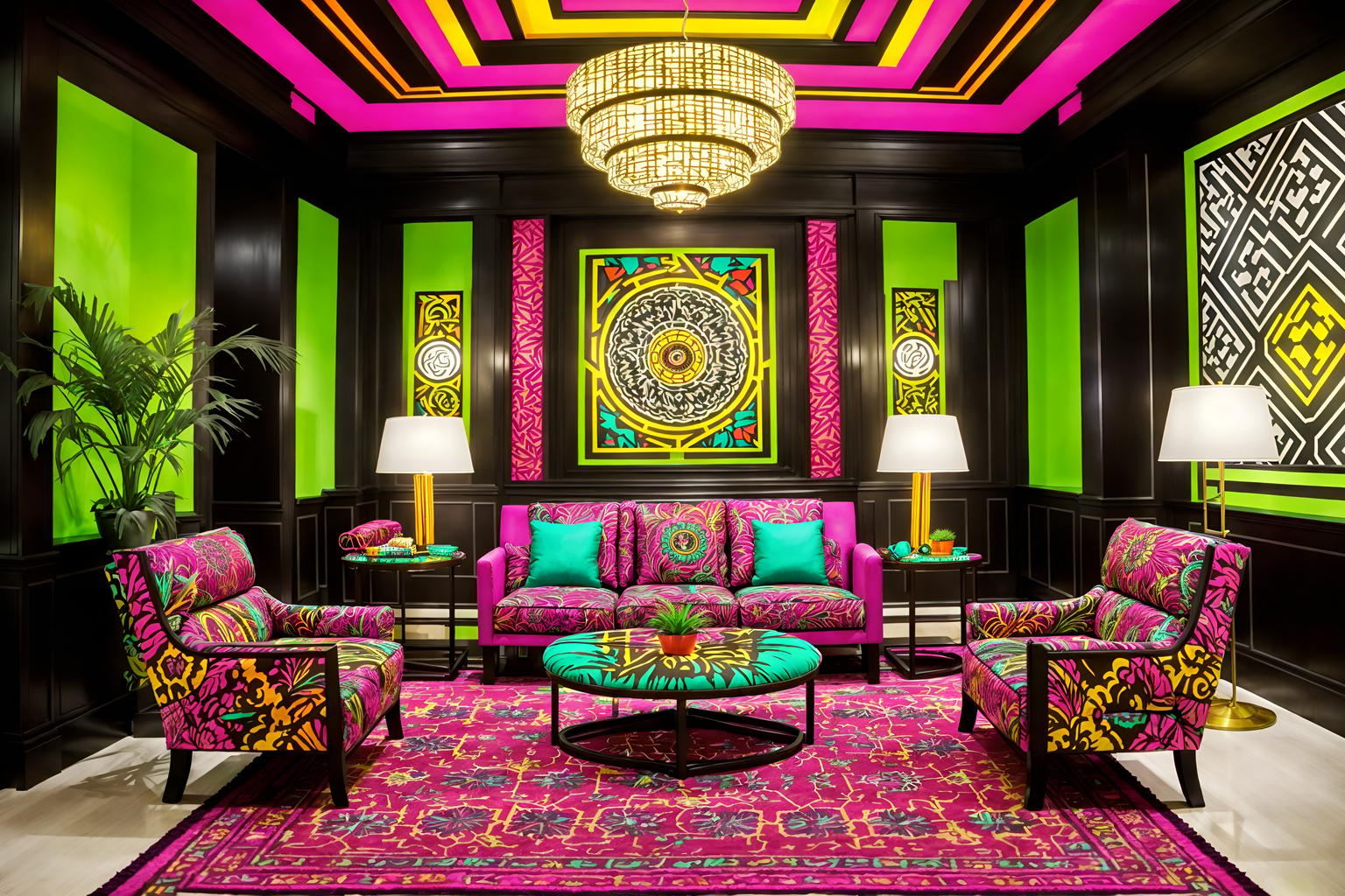 maximalist-style (hotel lobby interior) with lounge chairs and hanging lamps and sofas and check in desk and plant and rug and coffee tables and furniture. . with bold patterns and eye-catching and over-the-top aesthetic and bold design and bold colors and playful and vibrant and more is more philosophy. . cinematic photo, highly detailed, cinematic lighting, ultra-detailed, ultrarealistic, photorealism, 8k. maximalist interior design style. masterpiece, cinematic light, ultrarealistic+, photorealistic+, 8k, raw photo, realistic, sharp focus on eyes, (symmetrical eyes), (intact eyes), hyperrealistic, highest quality, best quality, , highly detailed, masterpiece, best quality, extremely detailed 8k wallpaper, masterpiece, best quality, ultra-detailed, best shadow, detailed background, detailed face, detailed eyes, high contrast, best illumination, detailed face, dulux, caustic, dynamic angle, detailed glow. dramatic lighting. highly detailed, insanely detailed hair, symmetrical, intricate details, professionally retouched, 8k high definition. strong bokeh. award winning photo.