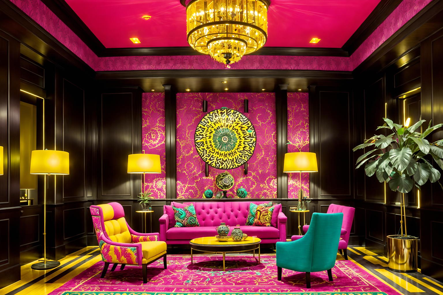 maximalist-style (hotel lobby interior) with lounge chairs and hanging lamps and sofas and check in desk and plant and rug and coffee tables and furniture. . with bold patterns and eye-catching and over-the-top aesthetic and bold design and bold colors and playful and vibrant and more is more philosophy. . cinematic photo, highly detailed, cinematic lighting, ultra-detailed, ultrarealistic, photorealism, 8k. maximalist interior design style. masterpiece, cinematic light, ultrarealistic+, photorealistic+, 8k, raw photo, realistic, sharp focus on eyes, (symmetrical eyes), (intact eyes), hyperrealistic, highest quality, best quality, , highly detailed, masterpiece, best quality, extremely detailed 8k wallpaper, masterpiece, best quality, ultra-detailed, best shadow, detailed background, detailed face, detailed eyes, high contrast, best illumination, detailed face, dulux, caustic, dynamic angle, detailed glow. dramatic lighting. highly detailed, insanely detailed hair, symmetrical, intricate details, professionally retouched, 8k high definition. strong bokeh. award winning photo.