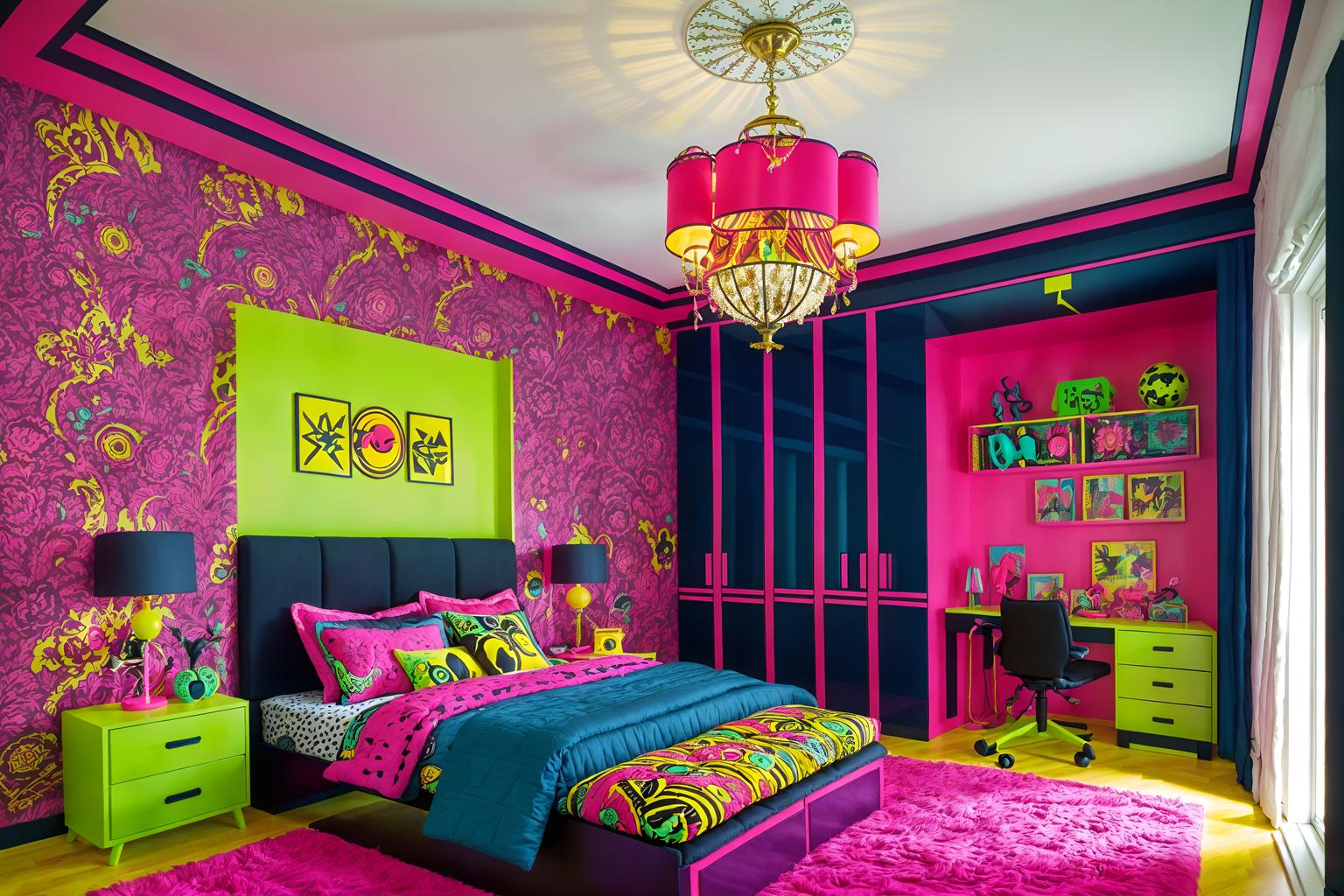 maximalist-style (kids room interior) with kids desk and dresser closet and plant and bed and night light and headboard and storage bench or ottoman and accent chair. . with bold colors and bold patterns and playful and vibrant and eye-catching and over-the-top aesthetic and bold design and bold creativity. . cinematic photo, highly detailed, cinematic lighting, ultra-detailed, ultrarealistic, photorealism, 8k. maximalist interior design style. masterpiece, cinematic light, ultrarealistic+, photorealistic+, 8k, raw photo, realistic, sharp focus on eyes, (symmetrical eyes), (intact eyes), hyperrealistic, highest quality, best quality, , highly detailed, masterpiece, best quality, extremely detailed 8k wallpaper, masterpiece, best quality, ultra-detailed, best shadow, detailed background, detailed face, detailed eyes, high contrast, best illumination, detailed face, dulux, caustic, dynamic angle, detailed glow. dramatic lighting. highly detailed, insanely detailed hair, symmetrical, intricate details, professionally retouched, 8k high definition. strong bokeh. award winning photo.