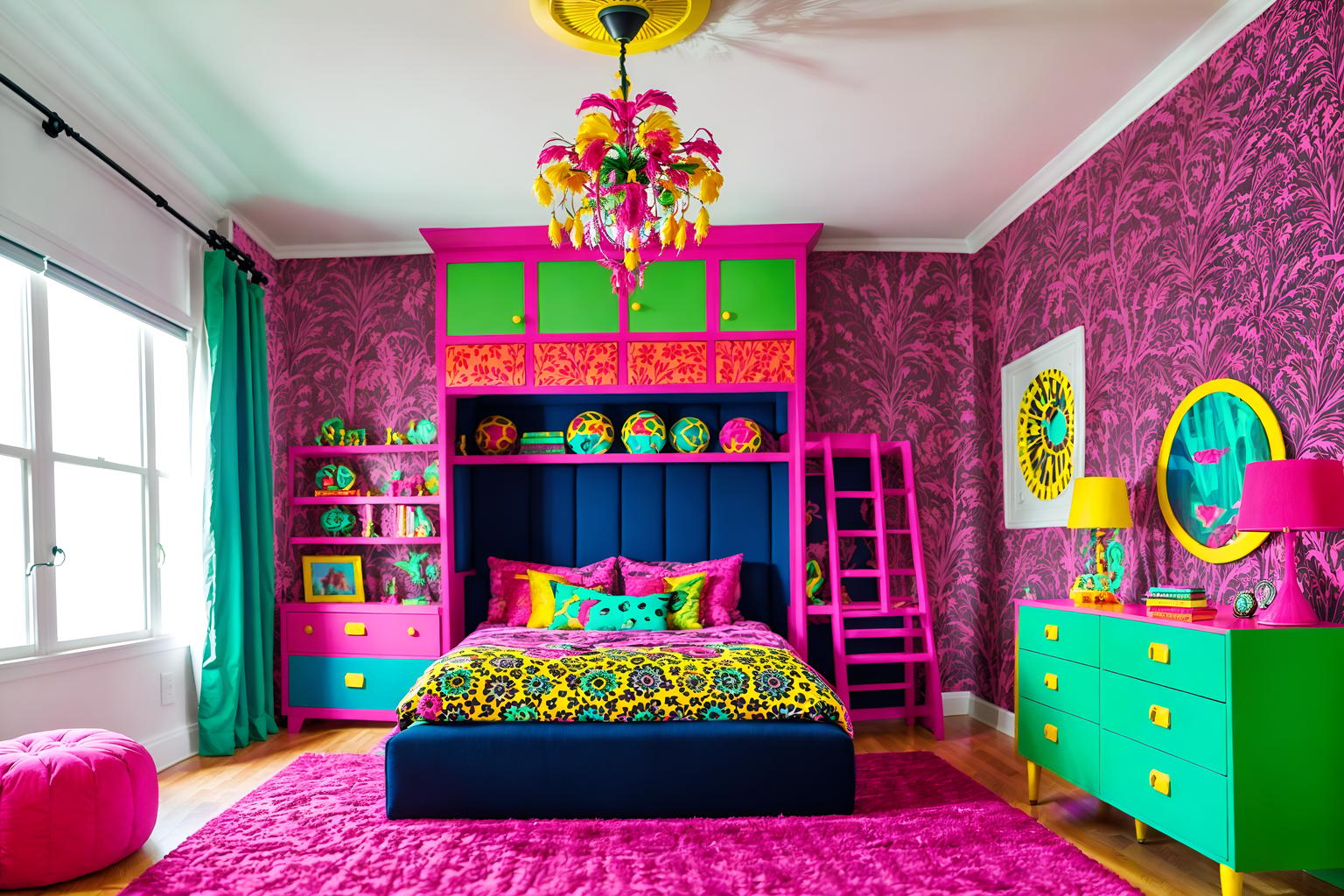 maximalist-style (kids room interior) with kids desk and dresser closet and plant and bed and night light and headboard and storage bench or ottoman and accent chair. . with bold colors and bold patterns and playful and vibrant and eye-catching and over-the-top aesthetic and bold design and bold creativity. . cinematic photo, highly detailed, cinematic lighting, ultra-detailed, ultrarealistic, photorealism, 8k. maximalist interior design style. masterpiece, cinematic light, ultrarealistic+, photorealistic+, 8k, raw photo, realistic, sharp focus on eyes, (symmetrical eyes), (intact eyes), hyperrealistic, highest quality, best quality, , highly detailed, masterpiece, best quality, extremely detailed 8k wallpaper, masterpiece, best quality, ultra-detailed, best shadow, detailed background, detailed face, detailed eyes, high contrast, best illumination, detailed face, dulux, caustic, dynamic angle, detailed glow. dramatic lighting. highly detailed, insanely detailed hair, symmetrical, intricate details, professionally retouched, 8k high definition. strong bokeh. award winning photo.