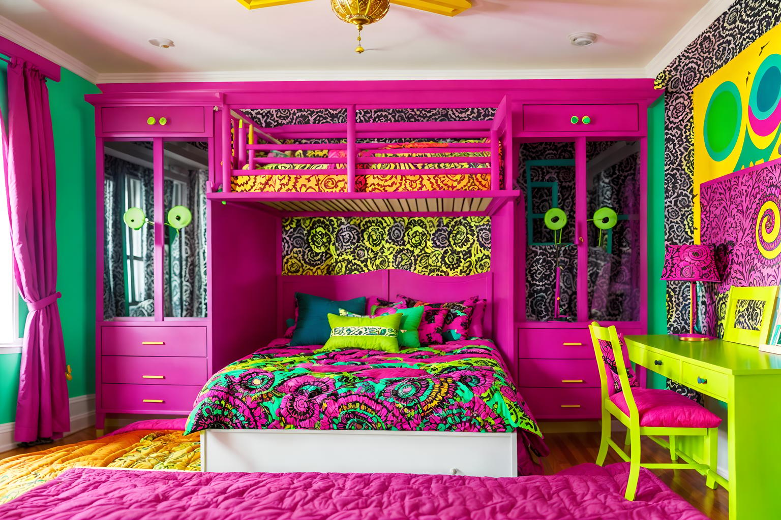 maximalist-style (kids room interior) with kids desk and dresser closet and plant and bed and night light and headboard and storage bench or ottoman and accent chair. . with bold colors and bold patterns and playful and vibrant and eye-catching and over-the-top aesthetic and bold design and bold creativity. . cinematic photo, highly detailed, cinematic lighting, ultra-detailed, ultrarealistic, photorealism, 8k. maximalist interior design style. masterpiece, cinematic light, ultrarealistic+, photorealistic+, 8k, raw photo, realistic, sharp focus on eyes, (symmetrical eyes), (intact eyes), hyperrealistic, highest quality, best quality, , highly detailed, masterpiece, best quality, extremely detailed 8k wallpaper, masterpiece, best quality, ultra-detailed, best shadow, detailed background, detailed face, detailed eyes, high contrast, best illumination, detailed face, dulux, caustic, dynamic angle, detailed glow. dramatic lighting. highly detailed, insanely detailed hair, symmetrical, intricate details, professionally retouched, 8k high definition. strong bokeh. award winning photo.