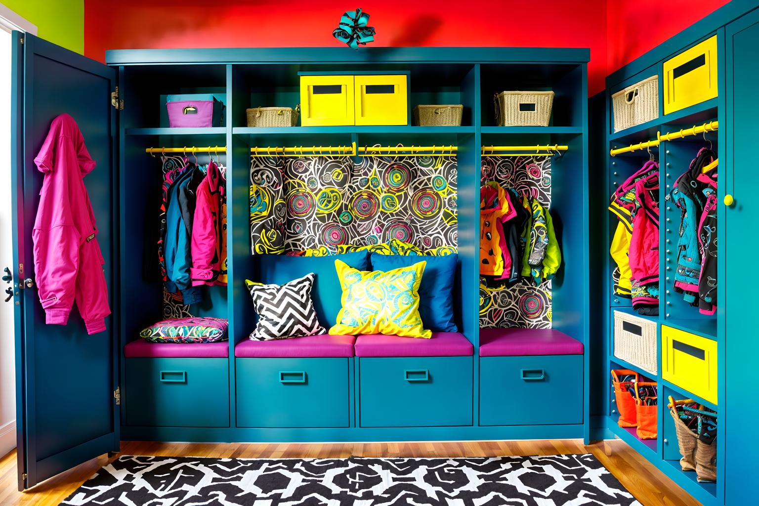 maximalist-style (drop zone interior) with storage baskets and a bench and lockers and cubbies and storage drawers and shelves for shoes and high up storage and wall hooks for coats. . with bold design and bold colors and over-the-top aesthetic and bold creativity and more is more philosophy and playful and bold patterns and vibrant. . cinematic photo, highly detailed, cinematic lighting, ultra-detailed, ultrarealistic, photorealism, 8k. maximalist interior design style. masterpiece, cinematic light, ultrarealistic+, photorealistic+, 8k, raw photo, realistic, sharp focus on eyes, (symmetrical eyes), (intact eyes), hyperrealistic, highest quality, best quality, , highly detailed, masterpiece, best quality, extremely detailed 8k wallpaper, masterpiece, best quality, ultra-detailed, best shadow, detailed background, detailed face, detailed eyes, high contrast, best illumination, detailed face, dulux, caustic, dynamic angle, detailed glow. dramatic lighting. highly detailed, insanely detailed hair, symmetrical, intricate details, professionally retouched, 8k high definition. strong bokeh. award winning photo.