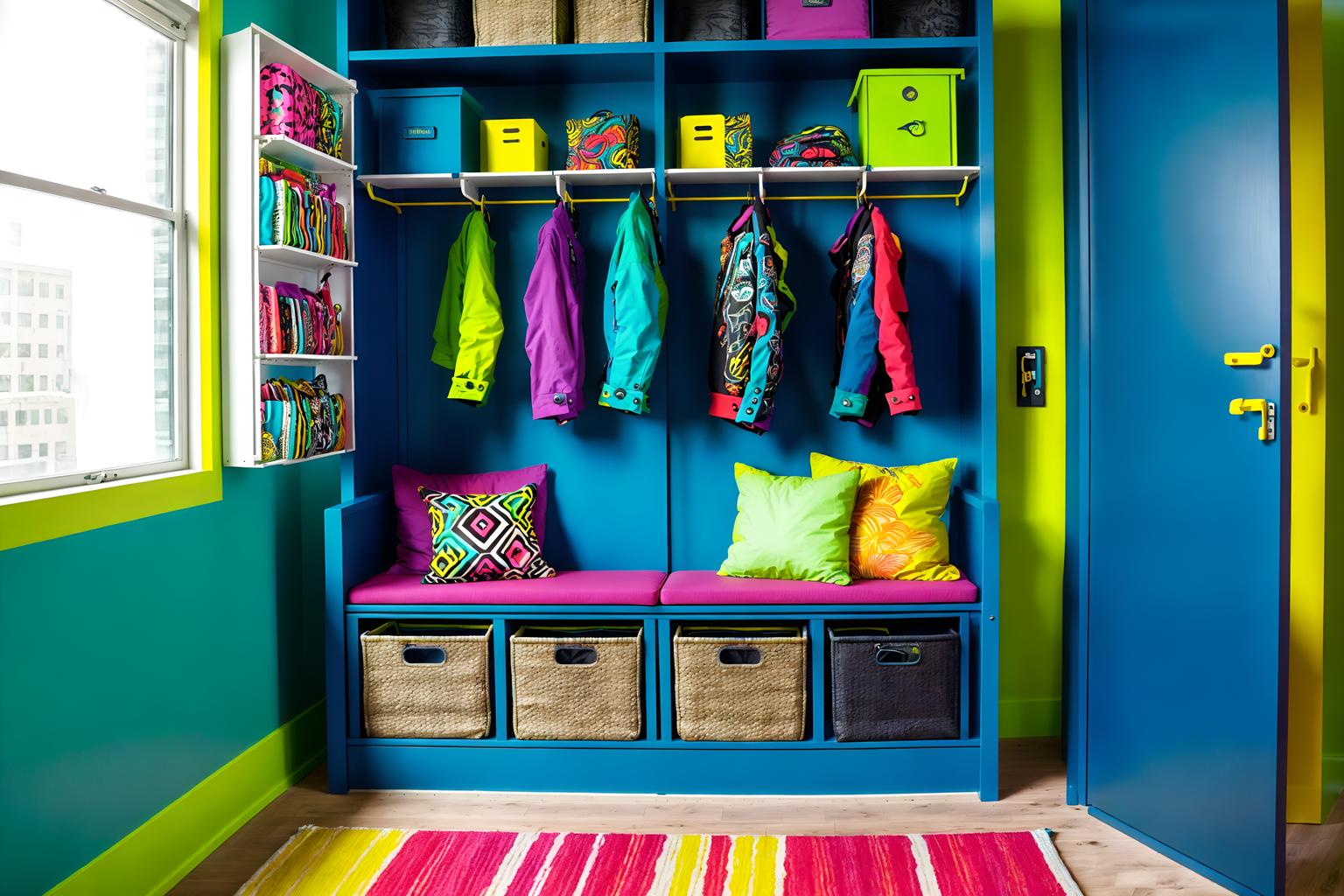 maximalist-style (drop zone interior) with storage baskets and a bench and lockers and cubbies and storage drawers and shelves for shoes and high up storage and wall hooks for coats. . with bold design and bold colors and over-the-top aesthetic and bold creativity and more is more philosophy and playful and bold patterns and vibrant. . cinematic photo, highly detailed, cinematic lighting, ultra-detailed, ultrarealistic, photorealism, 8k. maximalist interior design style. masterpiece, cinematic light, ultrarealistic+, photorealistic+, 8k, raw photo, realistic, sharp focus on eyes, (symmetrical eyes), (intact eyes), hyperrealistic, highest quality, best quality, , highly detailed, masterpiece, best quality, extremely detailed 8k wallpaper, masterpiece, best quality, ultra-detailed, best shadow, detailed background, detailed face, detailed eyes, high contrast, best illumination, detailed face, dulux, caustic, dynamic angle, detailed glow. dramatic lighting. highly detailed, insanely detailed hair, symmetrical, intricate details, professionally retouched, 8k high definition. strong bokeh. award winning photo.