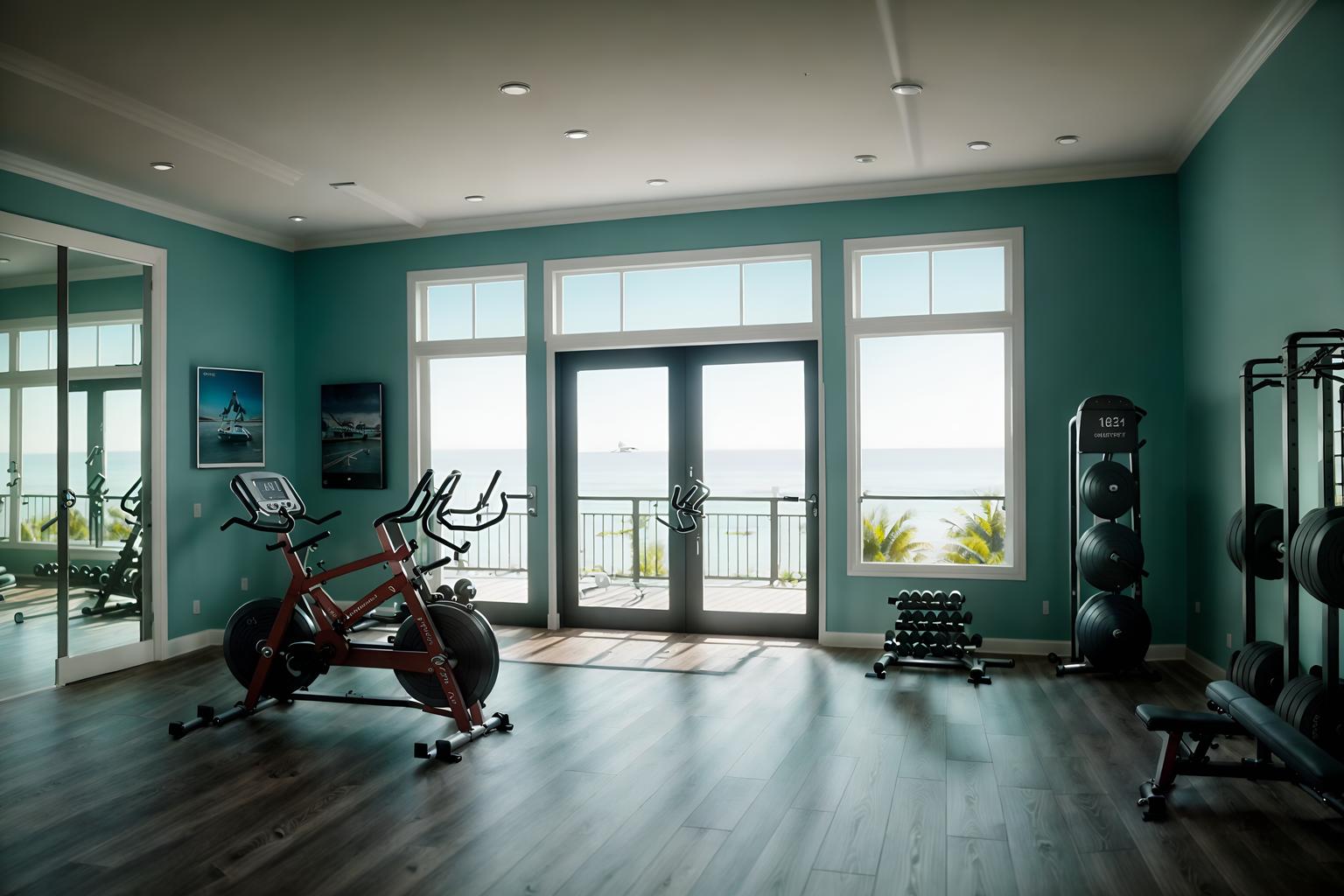 coastal-style (fitness gym interior) with exercise bicycle and squat rack and crosstrainer and dumbbell stand and bench press and exercise bicycle. . with . . cinematic photo, highly detailed, cinematic lighting, ultra-detailed, ultrarealistic, photorealism, 8k. coastal interior design style. masterpiece, cinematic light, ultrarealistic+, photorealistic+, 8k, raw photo, realistic, sharp focus on eyes, (symmetrical eyes), (intact eyes), hyperrealistic, highest quality, best quality, , highly detailed, masterpiece, best quality, extremely detailed 8k wallpaper, masterpiece, best quality, ultra-detailed, best shadow, detailed background, detailed face, detailed eyes, high contrast, best illumination, detailed face, dulux, caustic, dynamic angle, detailed glow. dramatic lighting. highly detailed, insanely detailed hair, symmetrical, intricate details, professionally retouched, 8k high definition. strong bokeh. award winning photo.