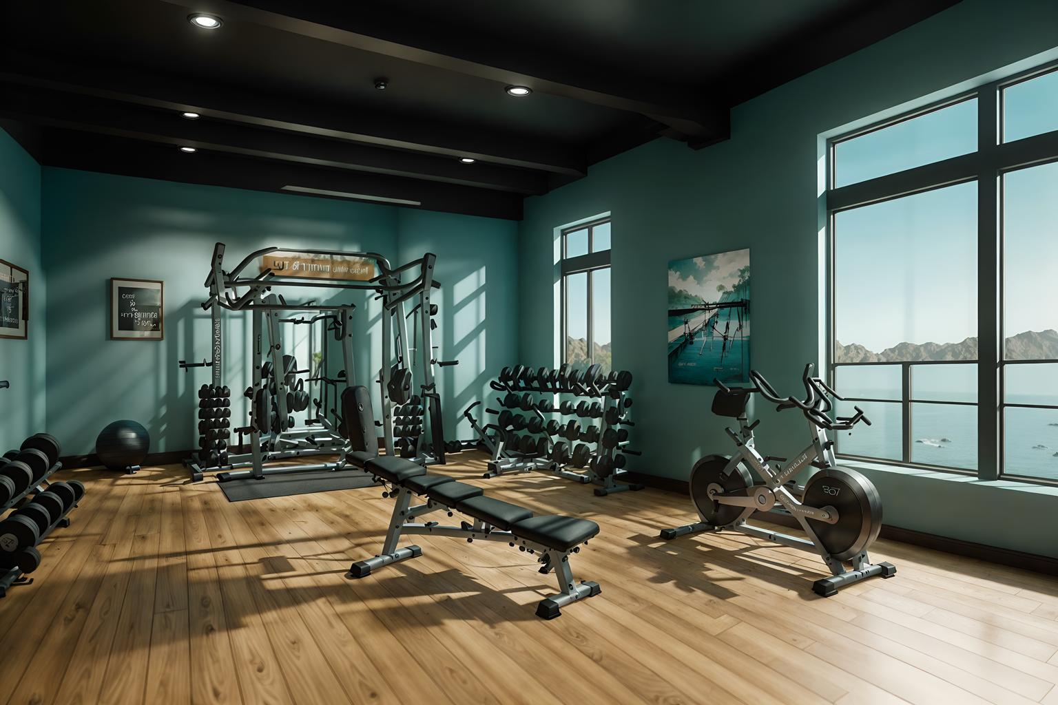 coastal-style (fitness gym interior) with exercise bicycle and squat rack and crosstrainer and dumbbell stand and bench press and exercise bicycle. . with . . cinematic photo, highly detailed, cinematic lighting, ultra-detailed, ultrarealistic, photorealism, 8k. coastal interior design style. masterpiece, cinematic light, ultrarealistic+, photorealistic+, 8k, raw photo, realistic, sharp focus on eyes, (symmetrical eyes), (intact eyes), hyperrealistic, highest quality, best quality, , highly detailed, masterpiece, best quality, extremely detailed 8k wallpaper, masterpiece, best quality, ultra-detailed, best shadow, detailed background, detailed face, detailed eyes, high contrast, best illumination, detailed face, dulux, caustic, dynamic angle, detailed glow. dramatic lighting. highly detailed, insanely detailed hair, symmetrical, intricate details, professionally retouched, 8k high definition. strong bokeh. award winning photo.