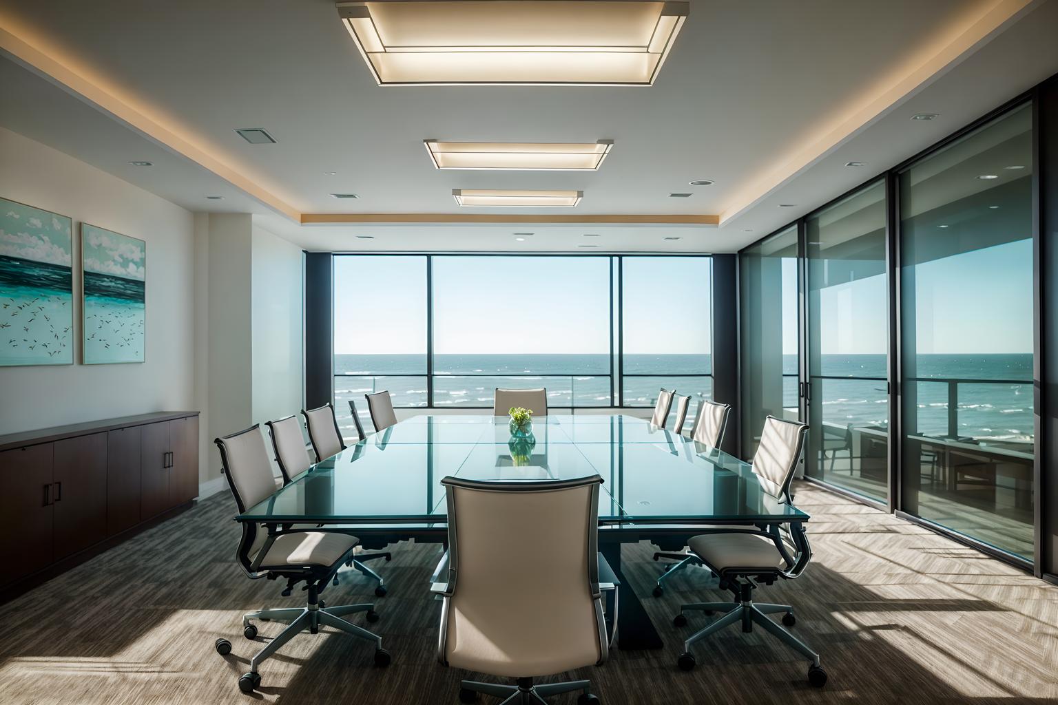 coastal-style (meeting room interior) with office chairs and glass doors and painting or photo on wall and boardroom table and glass walls and plant and vase and cabinets. . with . . cinematic photo, highly detailed, cinematic lighting, ultra-detailed, ultrarealistic, photorealism, 8k. coastal interior design style. masterpiece, cinematic light, ultrarealistic+, photorealistic+, 8k, raw photo, realistic, sharp focus on eyes, (symmetrical eyes), (intact eyes), hyperrealistic, highest quality, best quality, , highly detailed, masterpiece, best quality, extremely detailed 8k wallpaper, masterpiece, best quality, ultra-detailed, best shadow, detailed background, detailed face, detailed eyes, high contrast, best illumination, detailed face, dulux, caustic, dynamic angle, detailed glow. dramatic lighting. highly detailed, insanely detailed hair, symmetrical, intricate details, professionally retouched, 8k high definition. strong bokeh. award winning photo.