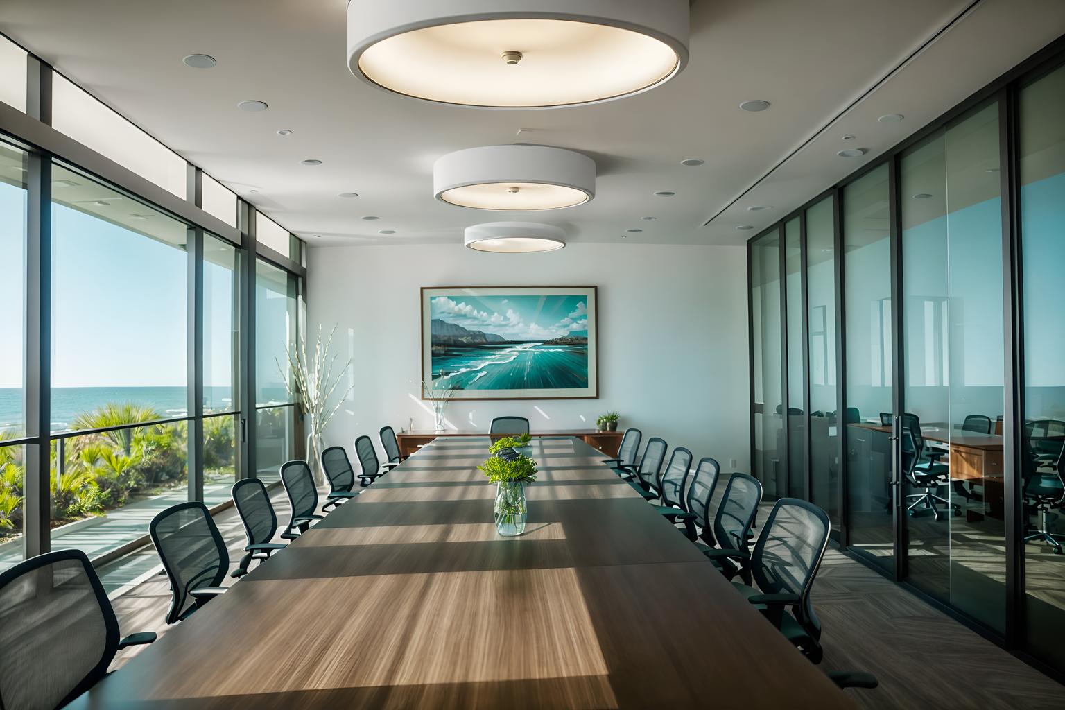 coastal-style (meeting room interior) with office chairs and glass doors and painting or photo on wall and boardroom table and glass walls and plant and vase and cabinets. . with . . cinematic photo, highly detailed, cinematic lighting, ultra-detailed, ultrarealistic, photorealism, 8k. coastal interior design style. masterpiece, cinematic light, ultrarealistic+, photorealistic+, 8k, raw photo, realistic, sharp focus on eyes, (symmetrical eyes), (intact eyes), hyperrealistic, highest quality, best quality, , highly detailed, masterpiece, best quality, extremely detailed 8k wallpaper, masterpiece, best quality, ultra-detailed, best shadow, detailed background, detailed face, detailed eyes, high contrast, best illumination, detailed face, dulux, caustic, dynamic angle, detailed glow. dramatic lighting. highly detailed, insanely detailed hair, symmetrical, intricate details, professionally retouched, 8k high definition. strong bokeh. award winning photo.