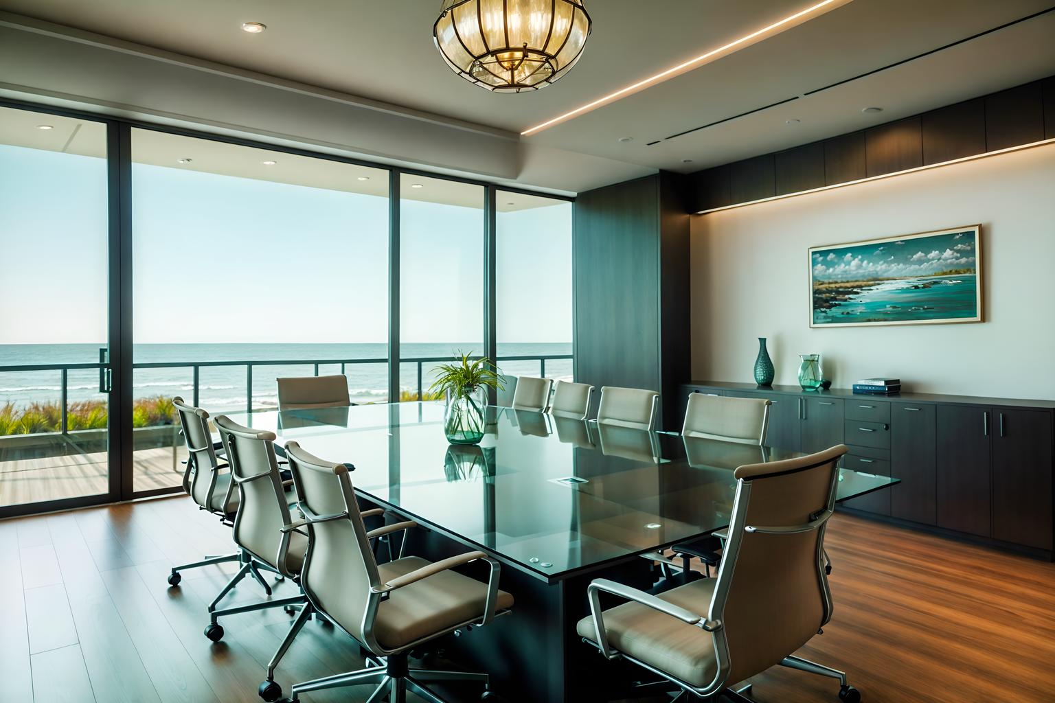 coastal-style (meeting room interior) with office chairs and glass doors and painting or photo on wall and boardroom table and glass walls and plant and vase and cabinets. . with . . cinematic photo, highly detailed, cinematic lighting, ultra-detailed, ultrarealistic, photorealism, 8k. coastal interior design style. masterpiece, cinematic light, ultrarealistic+, photorealistic+, 8k, raw photo, realistic, sharp focus on eyes, (symmetrical eyes), (intact eyes), hyperrealistic, highest quality, best quality, , highly detailed, masterpiece, best quality, extremely detailed 8k wallpaper, masterpiece, best quality, ultra-detailed, best shadow, detailed background, detailed face, detailed eyes, high contrast, best illumination, detailed face, dulux, caustic, dynamic angle, detailed glow. dramatic lighting. highly detailed, insanely detailed hair, symmetrical, intricate details, professionally retouched, 8k high definition. strong bokeh. award winning photo.