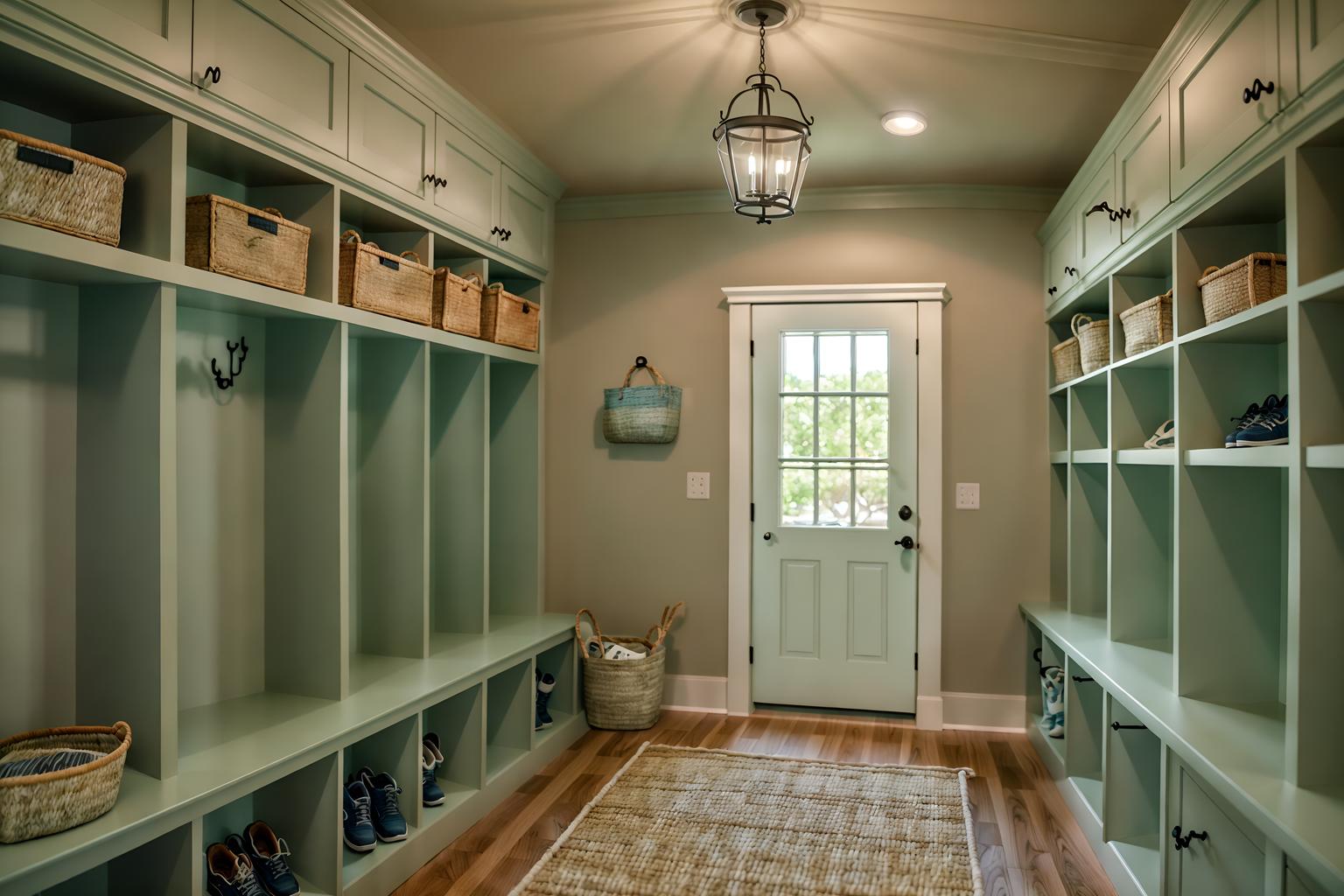 coastal-style (mudroom interior) with a bench and shelves for shoes and cabinets and storage drawers and wall hooks for coats and high up storage and cubbies and storage baskets. . with . . cinematic photo, highly detailed, cinematic lighting, ultra-detailed, ultrarealistic, photorealism, 8k. coastal interior design style. masterpiece, cinematic light, ultrarealistic+, photorealistic+, 8k, raw photo, realistic, sharp focus on eyes, (symmetrical eyes), (intact eyes), hyperrealistic, highest quality, best quality, , highly detailed, masterpiece, best quality, extremely detailed 8k wallpaper, masterpiece, best quality, ultra-detailed, best shadow, detailed background, detailed face, detailed eyes, high contrast, best illumination, detailed face, dulux, caustic, dynamic angle, detailed glow. dramatic lighting. highly detailed, insanely detailed hair, symmetrical, intricate details, professionally retouched, 8k high definition. strong bokeh. award winning photo.