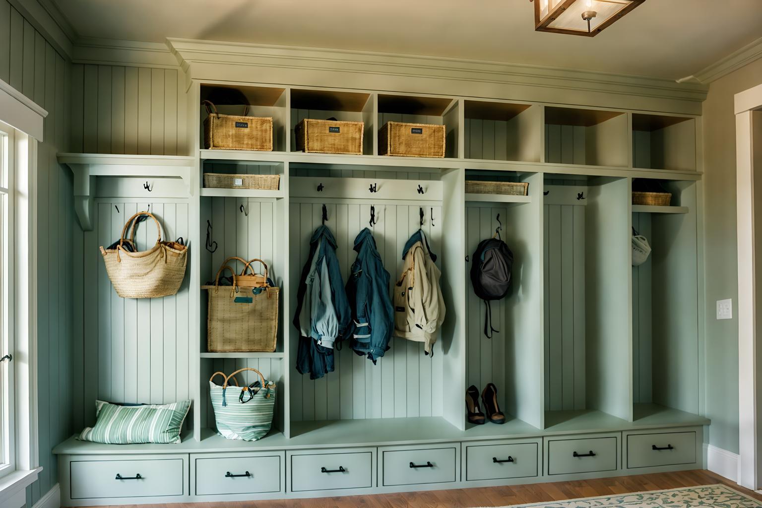 coastal-style (mudroom interior) with a bench and shelves for shoes and cabinets and storage drawers and wall hooks for coats and high up storage and cubbies and storage baskets. . with . . cinematic photo, highly detailed, cinematic lighting, ultra-detailed, ultrarealistic, photorealism, 8k. coastal interior design style. masterpiece, cinematic light, ultrarealistic+, photorealistic+, 8k, raw photo, realistic, sharp focus on eyes, (symmetrical eyes), (intact eyes), hyperrealistic, highest quality, best quality, , highly detailed, masterpiece, best quality, extremely detailed 8k wallpaper, masterpiece, best quality, ultra-detailed, best shadow, detailed background, detailed face, detailed eyes, high contrast, best illumination, detailed face, dulux, caustic, dynamic angle, detailed glow. dramatic lighting. highly detailed, insanely detailed hair, symmetrical, intricate details, professionally retouched, 8k high definition. strong bokeh. award winning photo.