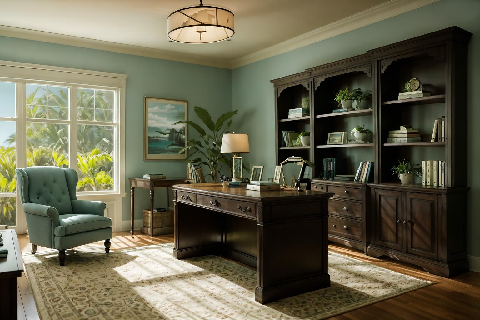 coastal-style (study room interior) with writing desk and desk lamp and lounge chair and office chair and cabinets and plant and bookshelves and writing desk. . with . . cinematic photo, highly detailed, cinematic lighting, ultra-detailed, ultrarealistic, photorealism, 8k. coastal interior design style. masterpiece, cinematic light, ultrarealistic+, photorealistic+, 8k, raw photo, realistic, sharp focus on eyes, (symmetrical eyes), (intact eyes), hyperrealistic, highest quality, best quality, , highly detailed, masterpiece, best quality, extremely detailed 8k wallpaper, masterpiece, best quality, ultra-detailed, best shadow, detailed background, detailed face, detailed eyes, high contrast, best illumination, detailed face, dulux, caustic, dynamic angle, detailed glow. dramatic lighting. highly detailed, insanely detailed hair, symmetrical, intricate details, professionally retouched, 8k high definition. strong bokeh. award winning photo.