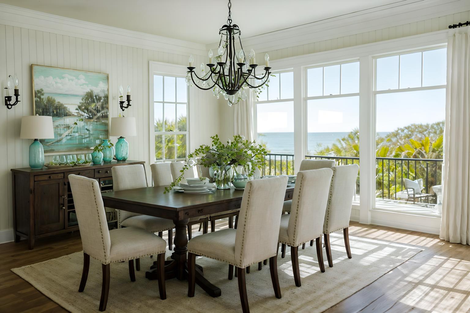 coastal-style (dining room interior) with table cloth and dining table chairs and vase and dining table and light or chandelier and plant and painting or photo on wall and plates, cutlery and glasses on dining table. . with . . cinematic photo, highly detailed, cinematic lighting, ultra-detailed, ultrarealistic, photorealism, 8k. coastal interior design style. masterpiece, cinematic light, ultrarealistic+, photorealistic+, 8k, raw photo, realistic, sharp focus on eyes, (symmetrical eyes), (intact eyes), hyperrealistic, highest quality, best quality, , highly detailed, masterpiece, best quality, extremely detailed 8k wallpaper, masterpiece, best quality, ultra-detailed, best shadow, detailed background, detailed face, detailed eyes, high contrast, best illumination, detailed face, dulux, caustic, dynamic angle, detailed glow. dramatic lighting. highly detailed, insanely detailed hair, symmetrical, intricate details, professionally retouched, 8k high definition. strong bokeh. award winning photo.