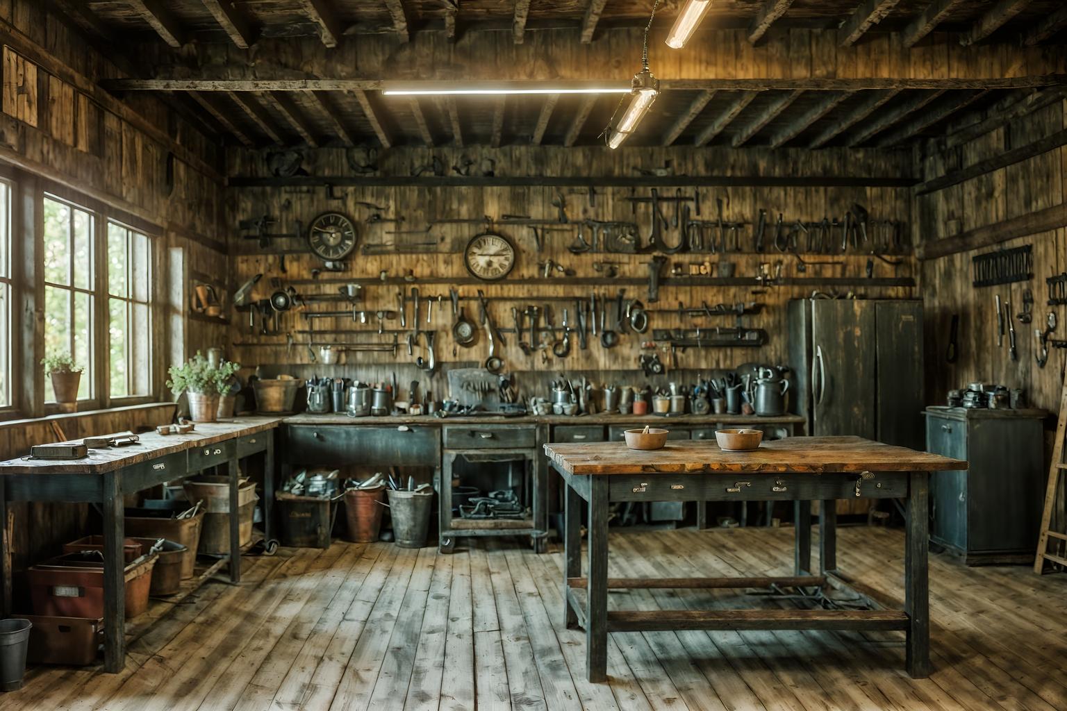 farmhouse-style (workshop interior) with tool wall and messy and wooden workbench and tool wall. . with . . cinematic photo, highly detailed, cinematic lighting, ultra-detailed, ultrarealistic, photorealism, 8k. farmhouse interior design style. masterpiece, cinematic light, ultrarealistic+, photorealistic+, 8k, raw photo, realistic, sharp focus on eyes, (symmetrical eyes), (intact eyes), hyperrealistic, highest quality, best quality, , highly detailed, masterpiece, best quality, extremely detailed 8k wallpaper, masterpiece, best quality, ultra-detailed, best shadow, detailed background, detailed face, detailed eyes, high contrast, best illumination, detailed face, dulux, caustic, dynamic angle, detailed glow. dramatic lighting. highly detailed, insanely detailed hair, symmetrical, intricate details, professionally retouched, 8k high definition. strong bokeh. award winning photo.