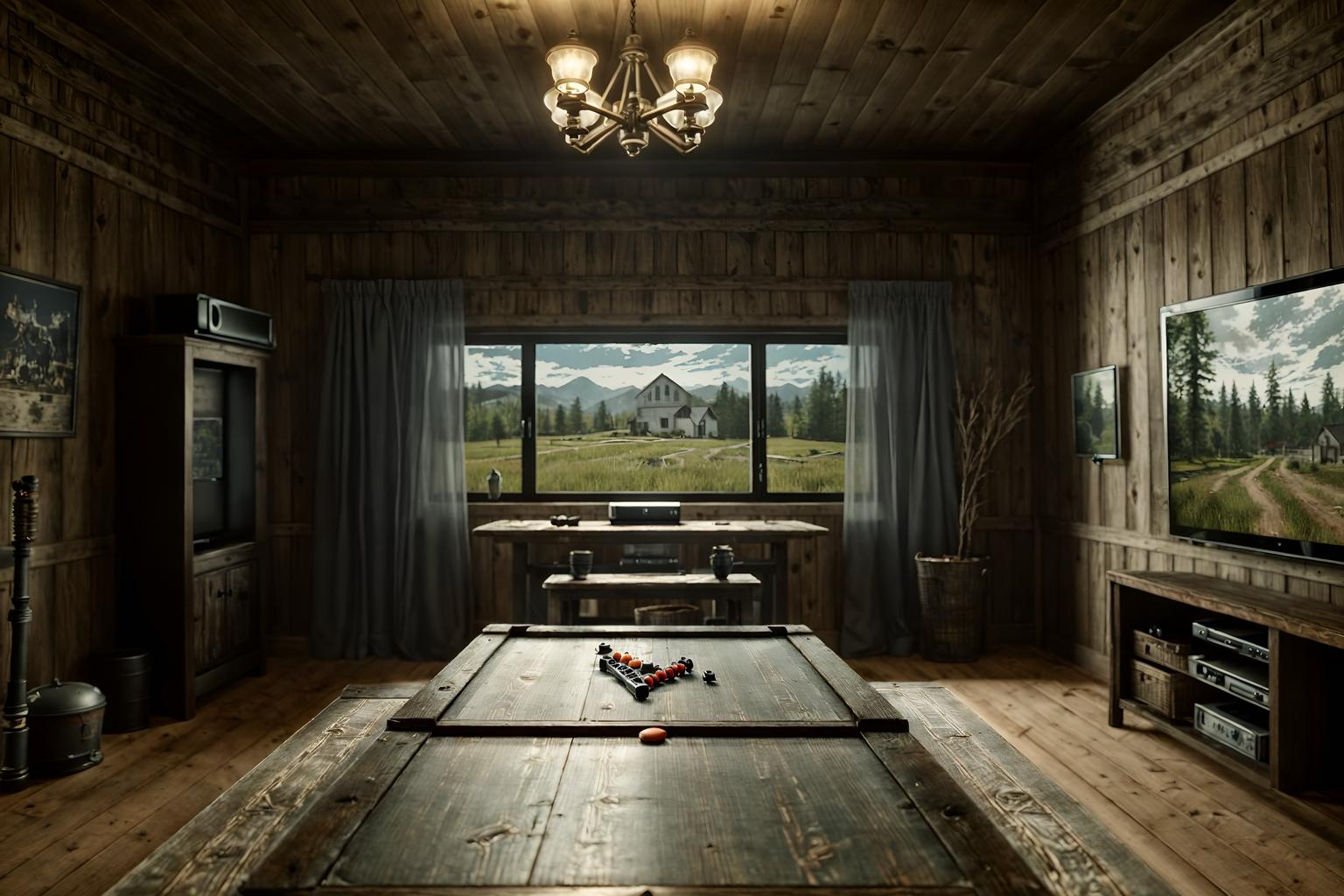 farmhouse-style (gaming room interior) . with . . cinematic photo, highly detailed, cinematic lighting, ultra-detailed, ultrarealistic, photorealism, 8k. farmhouse interior design style. masterpiece, cinematic light, ultrarealistic+, photorealistic+, 8k, raw photo, realistic, sharp focus on eyes, (symmetrical eyes), (intact eyes), hyperrealistic, highest quality, best quality, , highly detailed, masterpiece, best quality, extremely detailed 8k wallpaper, masterpiece, best quality, ultra-detailed, best shadow, detailed background, detailed face, detailed eyes, high contrast, best illumination, detailed face, dulux, caustic, dynamic angle, detailed glow. dramatic lighting. highly detailed, insanely detailed hair, symmetrical, intricate details, professionally retouched, 8k high definition. strong bokeh. award winning photo.