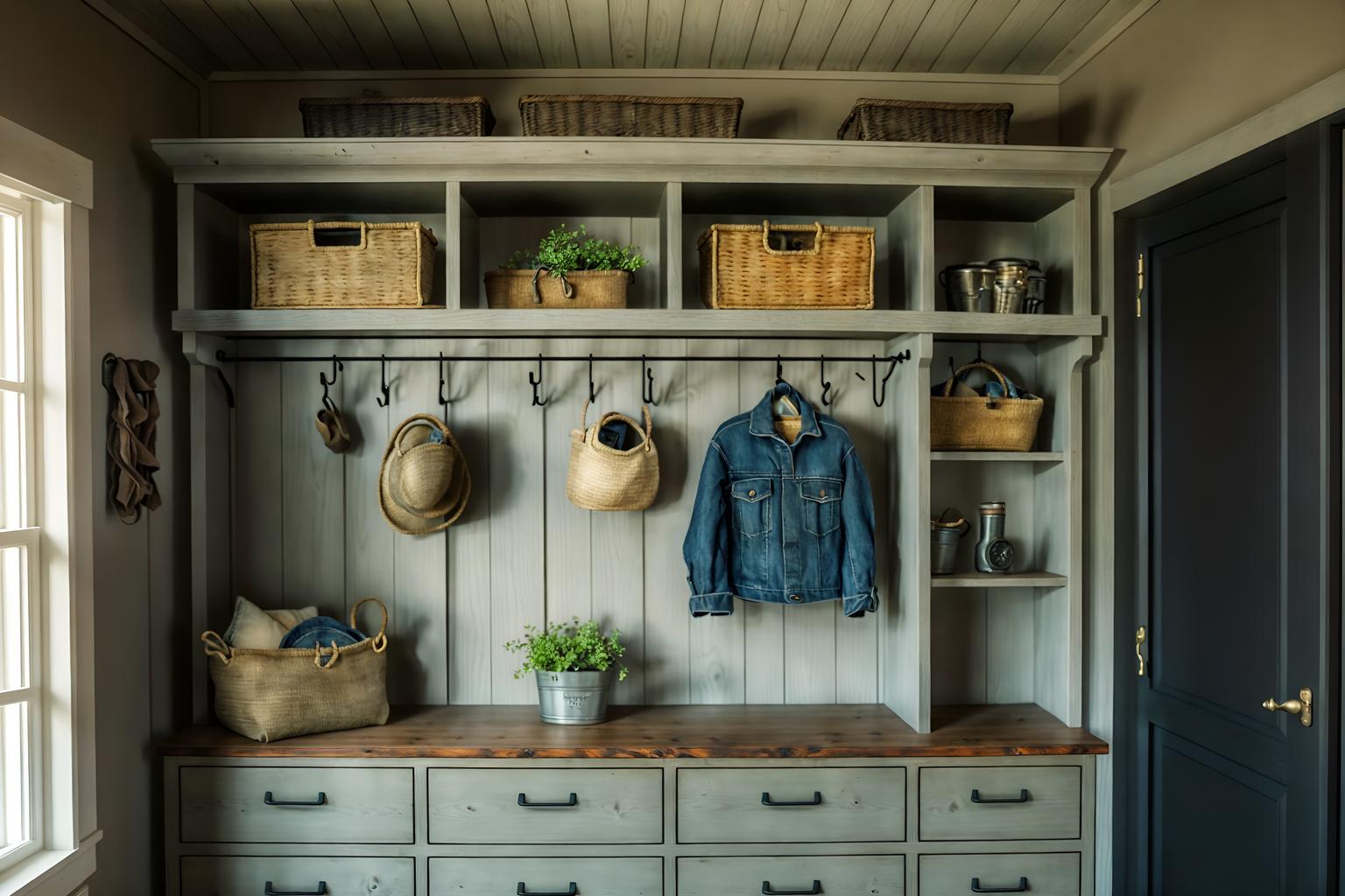 farmhouse-style (drop zone interior) with storage drawers and high up storage and wall hooks for coats and storage baskets and cabinets and shelves for shoes and cubbies and lockers. . with . . cinematic photo, highly detailed, cinematic lighting, ultra-detailed, ultrarealistic, photorealism, 8k. farmhouse interior design style. masterpiece, cinematic light, ultrarealistic+, photorealistic+, 8k, raw photo, realistic, sharp focus on eyes, (symmetrical eyes), (intact eyes), hyperrealistic, highest quality, best quality, , highly detailed, masterpiece, best quality, extremely detailed 8k wallpaper, masterpiece, best quality, ultra-detailed, best shadow, detailed background, detailed face, detailed eyes, high contrast, best illumination, detailed face, dulux, caustic, dynamic angle, detailed glow. dramatic lighting. highly detailed, insanely detailed hair, symmetrical, intricate details, professionally retouched, 8k high definition. strong bokeh. award winning photo.