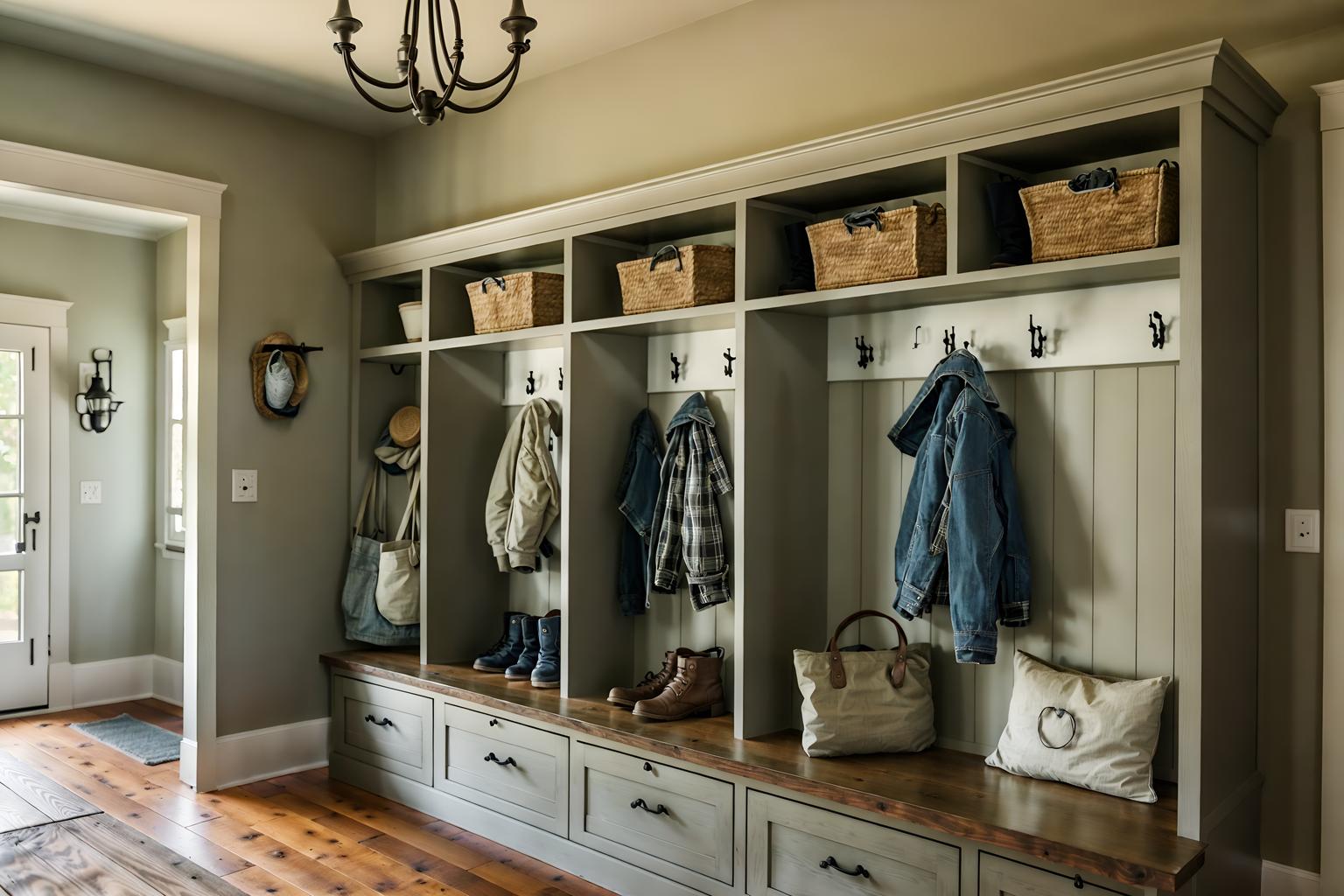 farmhouse-style (mudroom interior) with a bench and storage drawers and cubbies and shelves for shoes and wall hooks for coats and high up storage and storage baskets and cabinets. . with . . cinematic photo, highly detailed, cinematic lighting, ultra-detailed, ultrarealistic, photorealism, 8k. farmhouse interior design style. masterpiece, cinematic light, ultrarealistic+, photorealistic+, 8k, raw photo, realistic, sharp focus on eyes, (symmetrical eyes), (intact eyes), hyperrealistic, highest quality, best quality, , highly detailed, masterpiece, best quality, extremely detailed 8k wallpaper, masterpiece, best quality, ultra-detailed, best shadow, detailed background, detailed face, detailed eyes, high contrast, best illumination, detailed face, dulux, caustic, dynamic angle, detailed glow. dramatic lighting. highly detailed, insanely detailed hair, symmetrical, intricate details, professionally retouched, 8k high definition. strong bokeh. award winning photo.