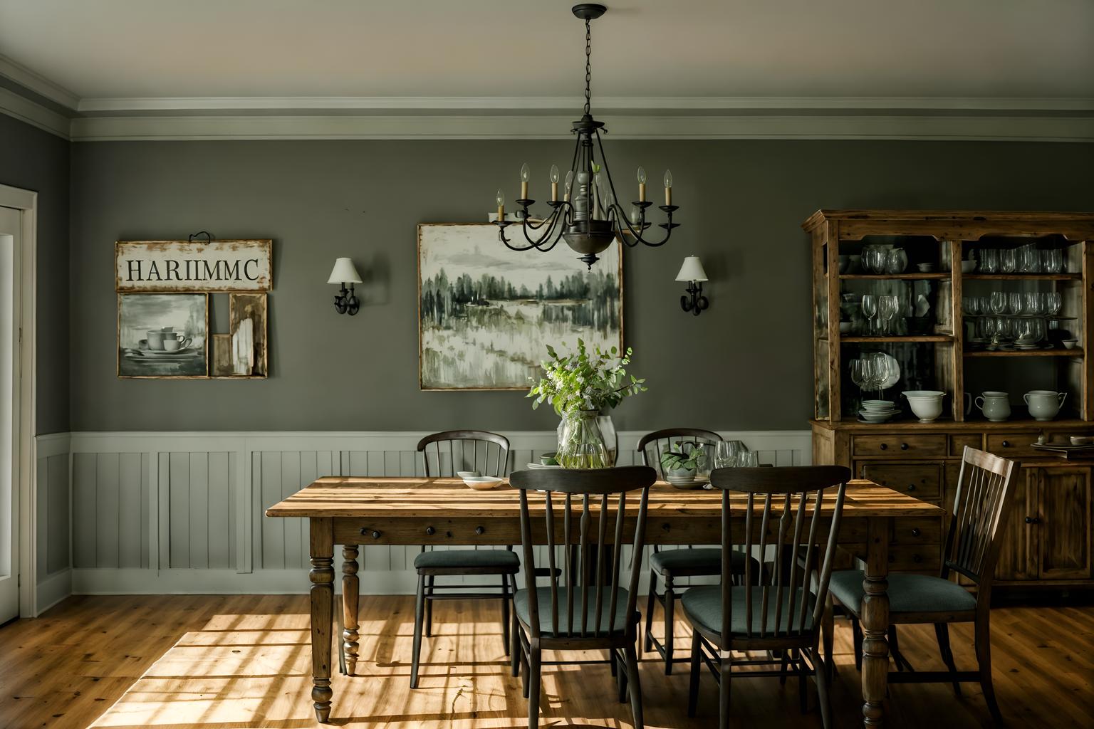 farmhouse-style (dining room interior) with dining table and painting or photo on wall and vase and plates, cutlery and glasses on dining table and light or chandelier and table cloth and bookshelves and plant. . with . . cinematic photo, highly detailed, cinematic lighting, ultra-detailed, ultrarealistic, photorealism, 8k. farmhouse interior design style. masterpiece, cinematic light, ultrarealistic+, photorealistic+, 8k, raw photo, realistic, sharp focus on eyes, (symmetrical eyes), (intact eyes), hyperrealistic, highest quality, best quality, , highly detailed, masterpiece, best quality, extremely detailed 8k wallpaper, masterpiece, best quality, ultra-detailed, best shadow, detailed background, detailed face, detailed eyes, high contrast, best illumination, detailed face, dulux, caustic, dynamic angle, detailed glow. dramatic lighting. highly detailed, insanely detailed hair, symmetrical, intricate details, professionally retouched, 8k high definition. strong bokeh. award winning photo.