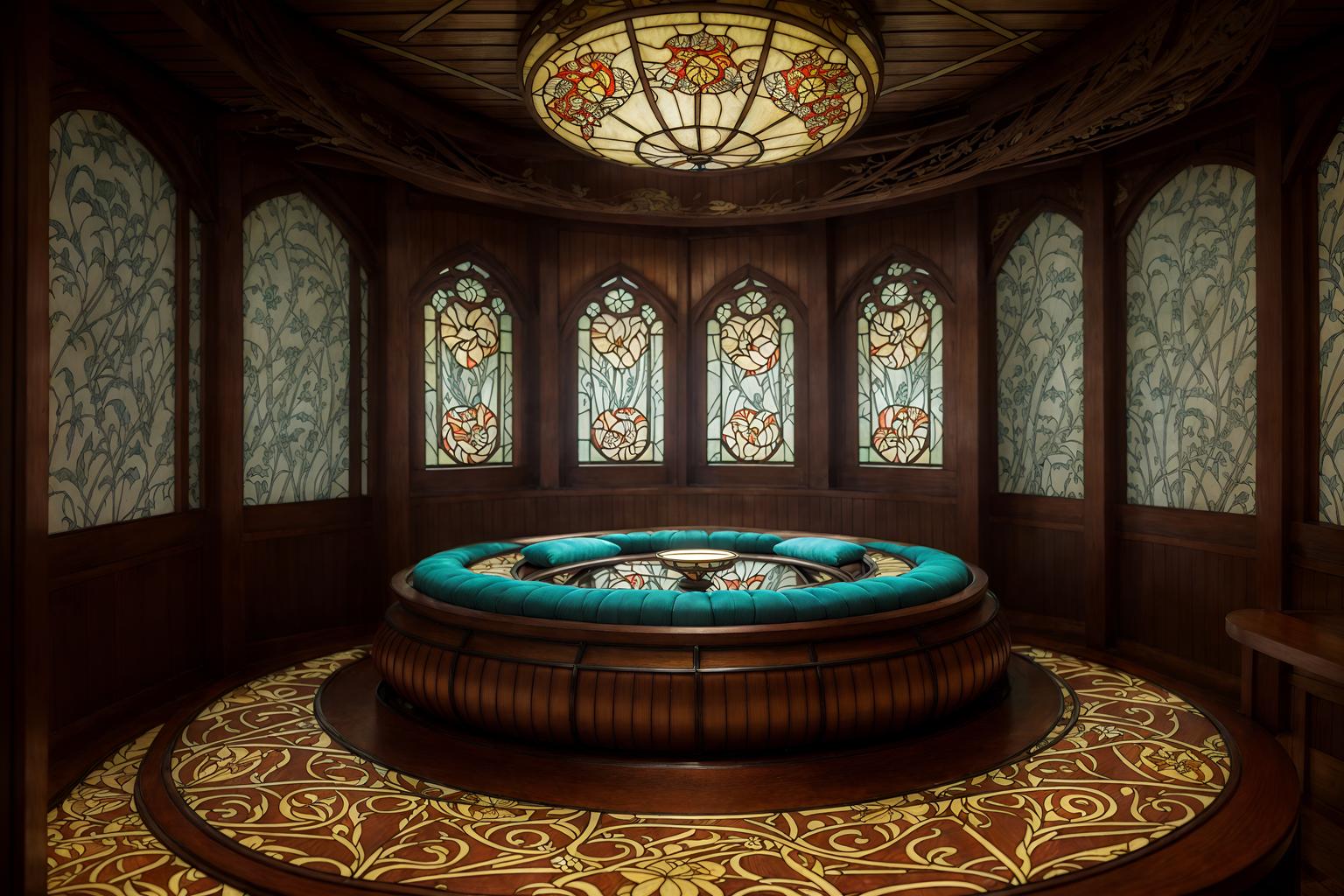 art nouveau-style (onsen interior) . with soft, rounded lines and wallpaper patterns of stylized flowers and stained glass and wallpaper patterns of feathers and asymmetrical shapes and ashy colors and wallpaper pattners of spider webs and curving, plant-like embellishments. . cinematic photo, highly detailed, cinematic lighting, ultra-detailed, ultrarealistic, photorealism, 8k. art nouveau interior design style. masterpiece, cinematic light, ultrarealistic+, photorealistic+, 8k, raw photo, realistic, sharp focus on eyes, (symmetrical eyes), (intact eyes), hyperrealistic, highest quality, best quality, , highly detailed, masterpiece, best quality, extremely detailed 8k wallpaper, masterpiece, best quality, ultra-detailed, best shadow, detailed background, detailed face, detailed eyes, high contrast, best illumination, detailed face, dulux, caustic, dynamic angle, detailed glow. dramatic lighting. highly detailed, insanely detailed hair, symmetrical, intricate details, professionally retouched, 8k high definition. strong bokeh. award winning photo.