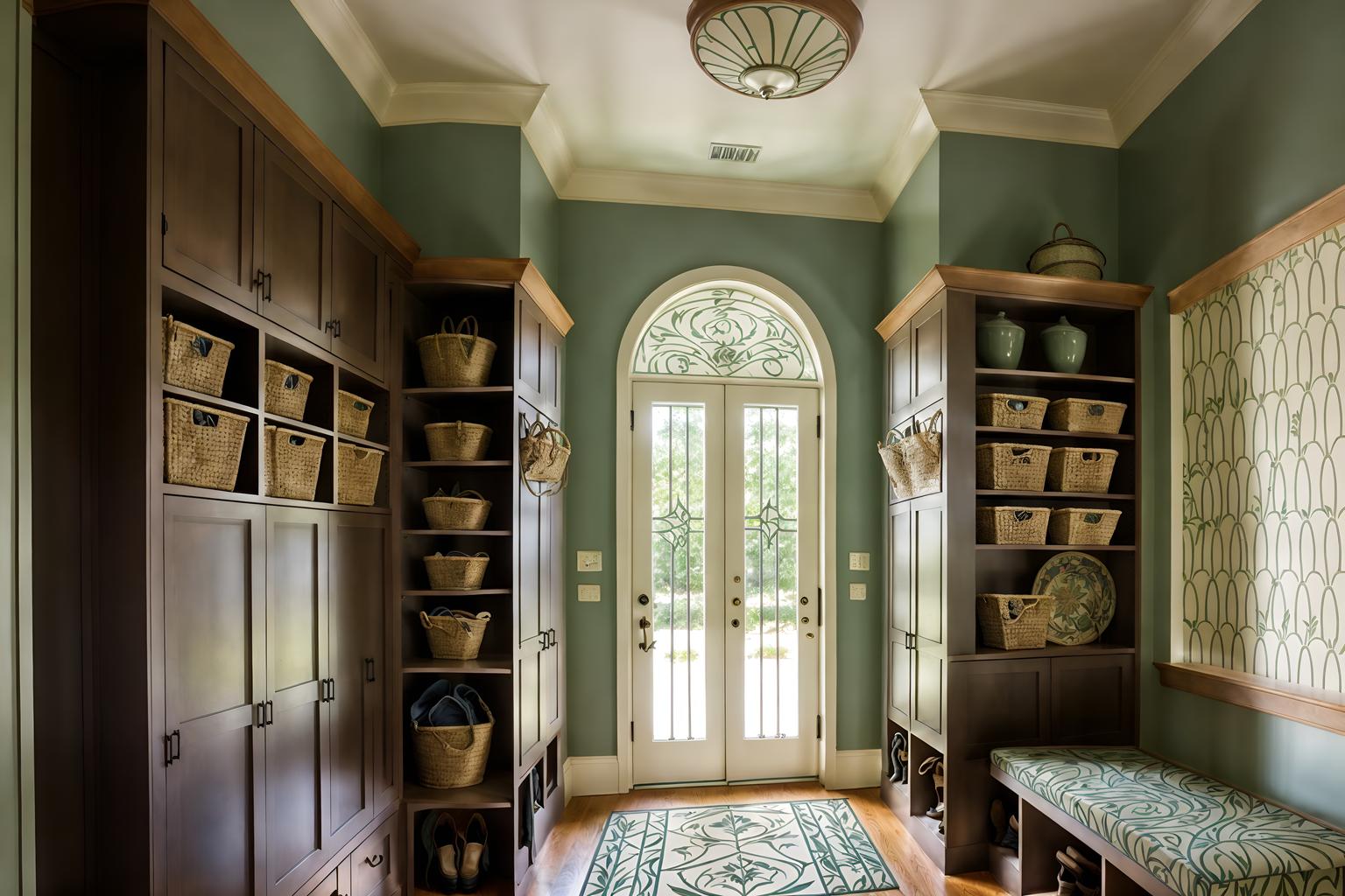 art nouveau-style (mudroom interior) with storage drawers and cabinets and a bench and cubbies and high up storage and storage baskets and wall hooks for coats and shelves for shoes. . with soft, rounded lines and arches and curved forms and asymmetrical shapes and curving, plant-like embellishments and mosaics and wallpaper patterns of feathers and natural materials and stained glass. . cinematic photo, highly detailed, cinematic lighting, ultra-detailed, ultrarealistic, photorealism, 8k. art nouveau interior design style. masterpiece, cinematic light, ultrarealistic+, photorealistic+, 8k, raw photo, realistic, sharp focus on eyes, (symmetrical eyes), (intact eyes), hyperrealistic, highest quality, best quality, , highly detailed, masterpiece, best quality, extremely detailed 8k wallpaper, masterpiece, best quality, ultra-detailed, best shadow, detailed background, detailed face, detailed eyes, high contrast, best illumination, detailed face, dulux, caustic, dynamic angle, detailed glow. dramatic lighting. highly detailed, insanely detailed hair, symmetrical, intricate details, professionally retouched, 8k high definition. strong bokeh. award winning photo.