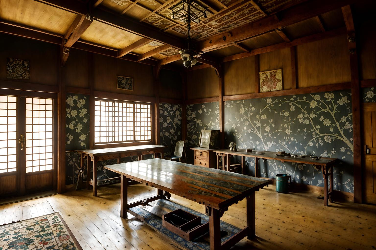 art nouveau-style (workshop interior) with wooden workbench and messy and tool wall and wooden workbench. . with japanese motifs and wallpaper patterns of stylized flowers and curved glass and ashy colors and natural materials and mosaics and wallpaper pattners of spider webs and arches and curved forms. . cinematic photo, highly detailed, cinematic lighting, ultra-detailed, ultrarealistic, photorealism, 8k. art nouveau interior design style. masterpiece, cinematic light, ultrarealistic+, photorealistic+, 8k, raw photo, realistic, sharp focus on eyes, (symmetrical eyes), (intact eyes), hyperrealistic, highest quality, best quality, , highly detailed, masterpiece, best quality, extremely detailed 8k wallpaper, masterpiece, best quality, ultra-detailed, best shadow, detailed background, detailed face, detailed eyes, high contrast, best illumination, detailed face, dulux, caustic, dynamic angle, detailed glow. dramatic lighting. highly detailed, insanely detailed hair, symmetrical, intricate details, professionally retouched, 8k high definition. strong bokeh. award winning photo.