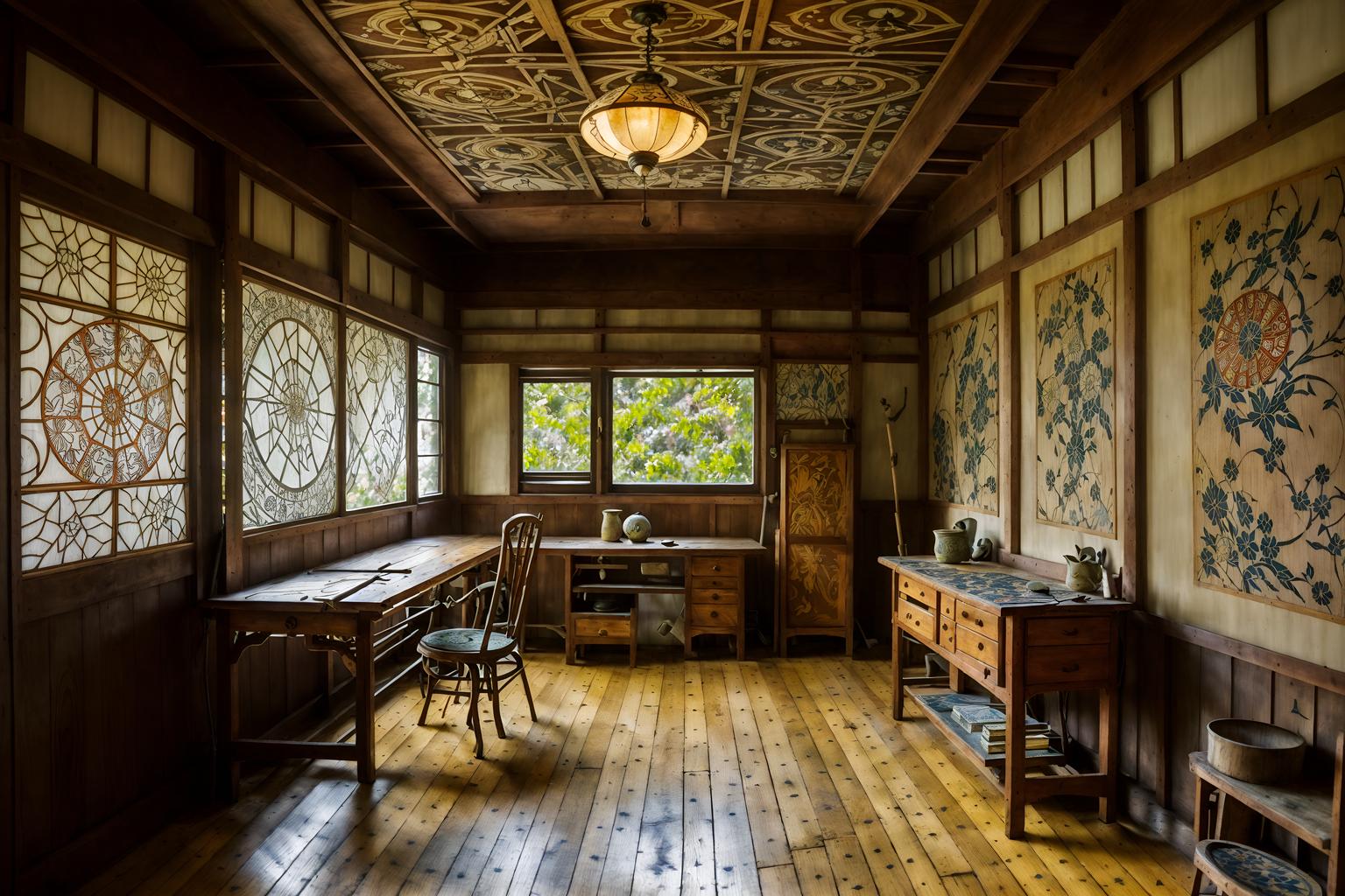 art nouveau-style (workshop interior) with wooden workbench and messy and tool wall and wooden workbench. . with japanese motifs and wallpaper patterns of stylized flowers and curved glass and ashy colors and natural materials and mosaics and wallpaper pattners of spider webs and arches and curved forms. . cinematic photo, highly detailed, cinematic lighting, ultra-detailed, ultrarealistic, photorealism, 8k. art nouveau interior design style. masterpiece, cinematic light, ultrarealistic+, photorealistic+, 8k, raw photo, realistic, sharp focus on eyes, (symmetrical eyes), (intact eyes), hyperrealistic, highest quality, best quality, , highly detailed, masterpiece, best quality, extremely detailed 8k wallpaper, masterpiece, best quality, ultra-detailed, best shadow, detailed background, detailed face, detailed eyes, high contrast, best illumination, detailed face, dulux, caustic, dynamic angle, detailed glow. dramatic lighting. highly detailed, insanely detailed hair, symmetrical, intricate details, professionally retouched, 8k high definition. strong bokeh. award winning photo.