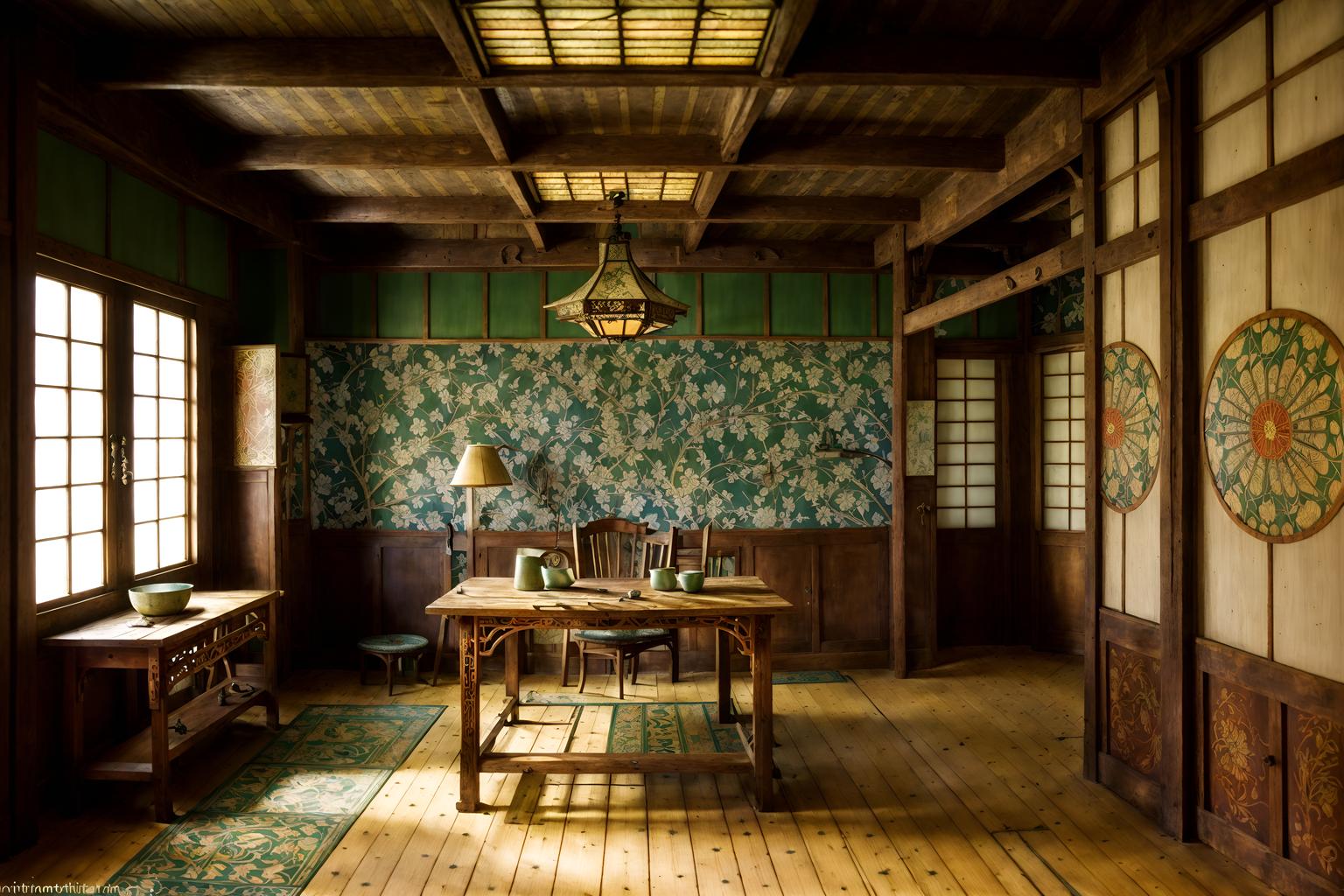 art nouveau-style (workshop interior) with wooden workbench and messy and tool wall and wooden workbench. . with japanese motifs and wallpaper patterns of stylized flowers and curved glass and ashy colors and natural materials and mosaics and wallpaper pattners of spider webs and arches and curved forms. . cinematic photo, highly detailed, cinematic lighting, ultra-detailed, ultrarealistic, photorealism, 8k. art nouveau interior design style. masterpiece, cinematic light, ultrarealistic+, photorealistic+, 8k, raw photo, realistic, sharp focus on eyes, (symmetrical eyes), (intact eyes), hyperrealistic, highest quality, best quality, , highly detailed, masterpiece, best quality, extremely detailed 8k wallpaper, masterpiece, best quality, ultra-detailed, best shadow, detailed background, detailed face, detailed eyes, high contrast, best illumination, detailed face, dulux, caustic, dynamic angle, detailed glow. dramatic lighting. highly detailed, insanely detailed hair, symmetrical, intricate details, professionally retouched, 8k high definition. strong bokeh. award winning photo.