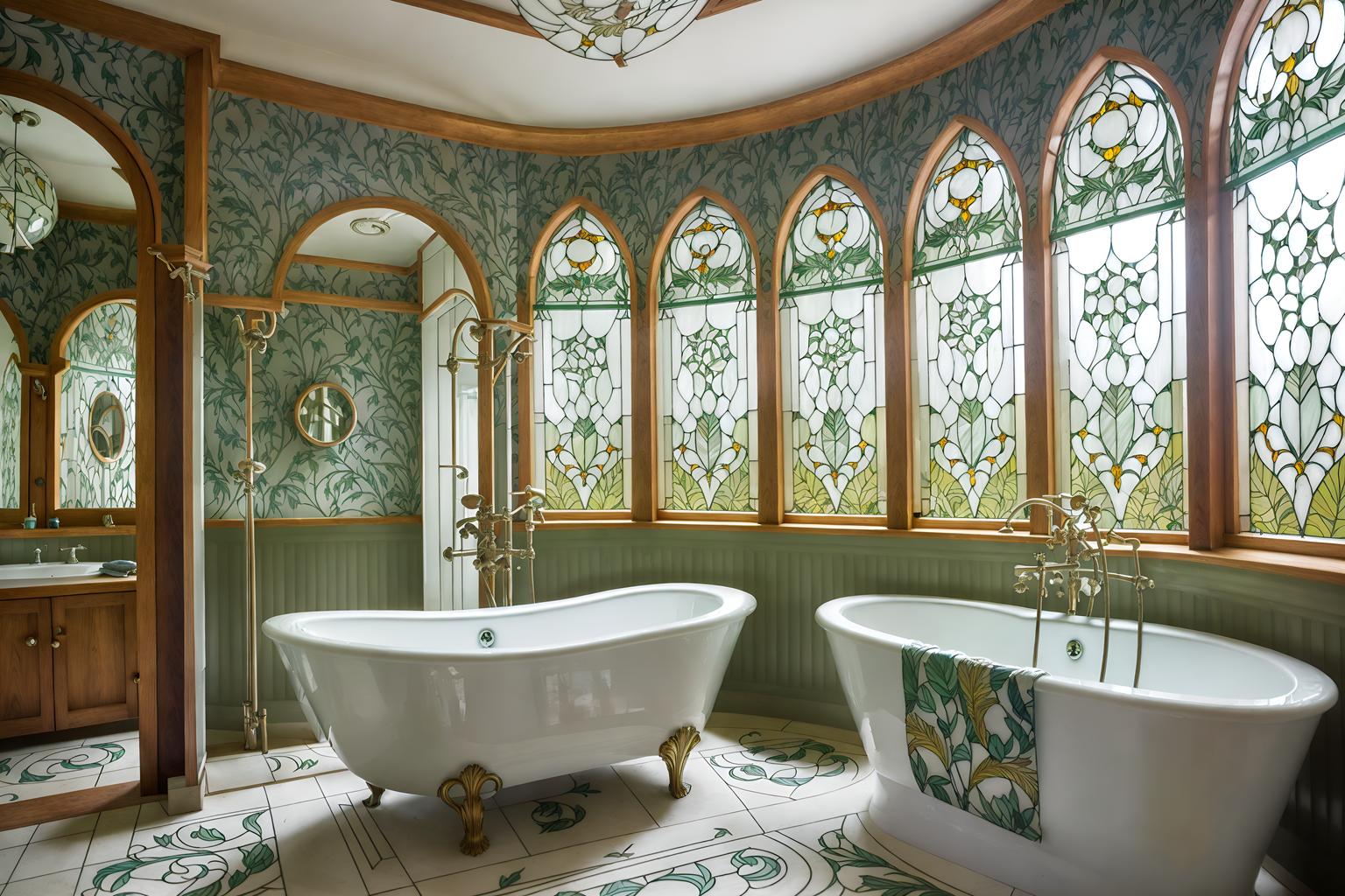 art nouveau-style (bathroom interior) with mirror and bath rail and bathroom sink with faucet and waste basket and bath towel and toilet seat and bathroom cabinet and plant. . with curved glass and asymmetrical shapes and natural materials and wallpaper patterns of feathers and soft, rounded lines and stained glass and ashy colors and curving, plant-like embellishments. . cinematic photo, highly detailed, cinematic lighting, ultra-detailed, ultrarealistic, photorealism, 8k. art nouveau interior design style. masterpiece, cinematic light, ultrarealistic+, photorealistic+, 8k, raw photo, realistic, sharp focus on eyes, (symmetrical eyes), (intact eyes), hyperrealistic, highest quality, best quality, , highly detailed, masterpiece, best quality, extremely detailed 8k wallpaper, masterpiece, best quality, ultra-detailed, best shadow, detailed background, detailed face, detailed eyes, high contrast, best illumination, detailed face, dulux, caustic, dynamic angle, detailed glow. dramatic lighting. highly detailed, insanely detailed hair, symmetrical, intricate details, professionally retouched, 8k high definition. strong bokeh. award winning photo.