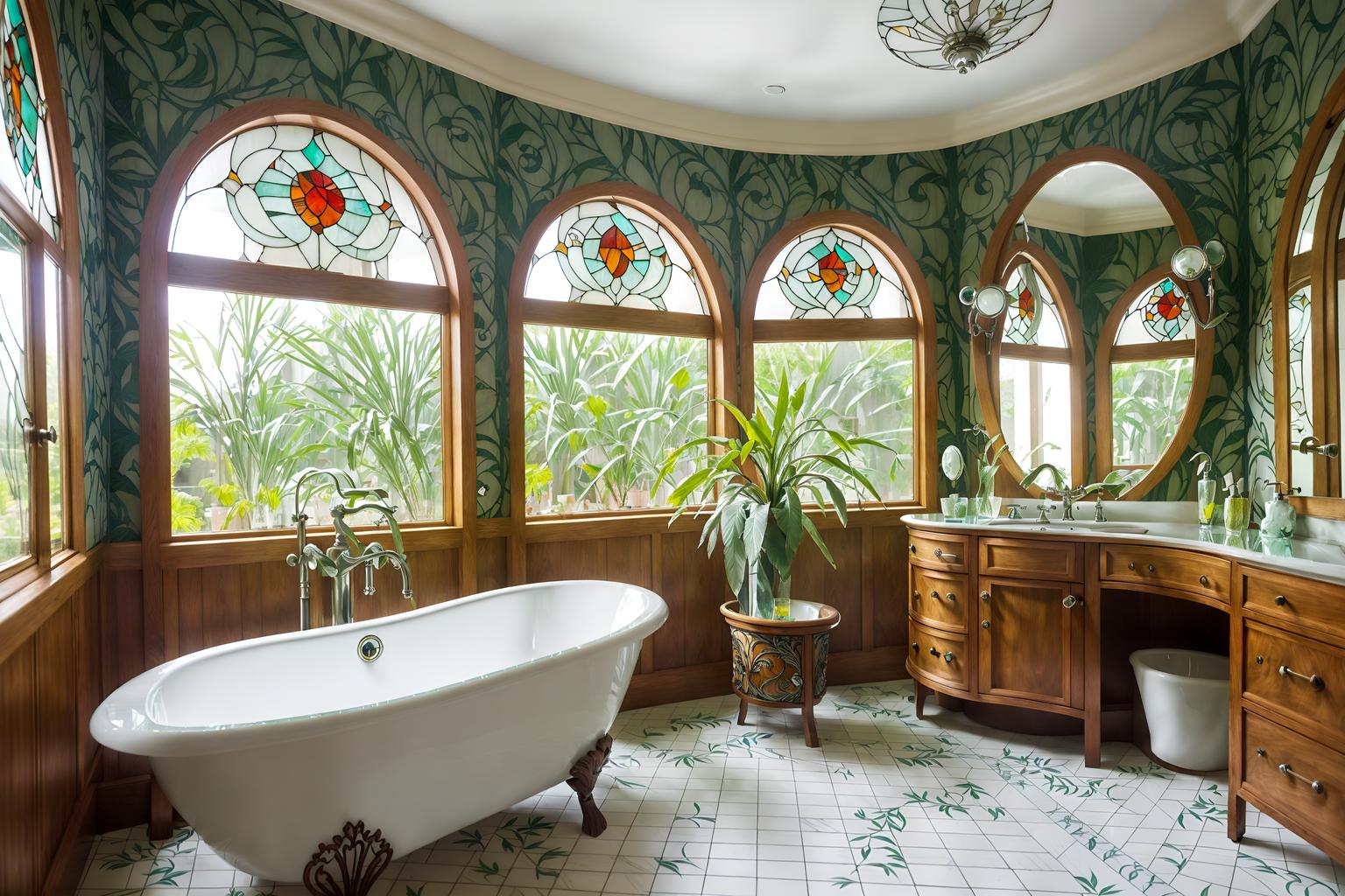 art nouveau-style (bathroom interior) with mirror and bath rail and bathroom sink with faucet and waste basket and bath towel and toilet seat and bathroom cabinet and plant. . with curved glass and asymmetrical shapes and natural materials and wallpaper patterns of feathers and soft, rounded lines and stained glass and ashy colors and curving, plant-like embellishments. . cinematic photo, highly detailed, cinematic lighting, ultra-detailed, ultrarealistic, photorealism, 8k. art nouveau interior design style. masterpiece, cinematic light, ultrarealistic+, photorealistic+, 8k, raw photo, realistic, sharp focus on eyes, (symmetrical eyes), (intact eyes), hyperrealistic, highest quality, best quality, , highly detailed, masterpiece, best quality, extremely detailed 8k wallpaper, masterpiece, best quality, ultra-detailed, best shadow, detailed background, detailed face, detailed eyes, high contrast, best illumination, detailed face, dulux, caustic, dynamic angle, detailed glow. dramatic lighting. highly detailed, insanely detailed hair, symmetrical, intricate details, professionally retouched, 8k high definition. strong bokeh. award winning photo.