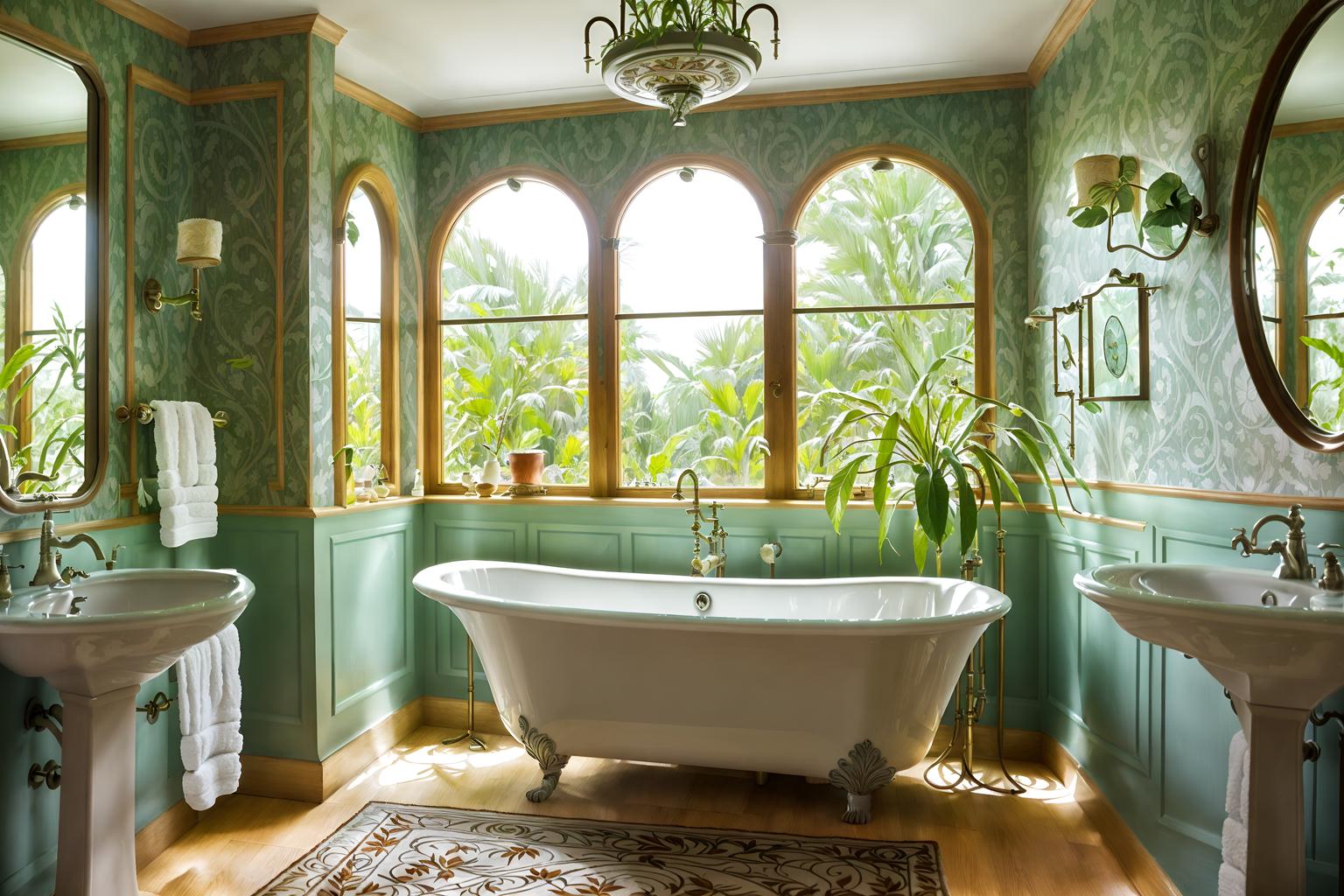 art nouveau-style (bathroom interior) with mirror and bath rail and bathroom sink with faucet and waste basket and bath towel and toilet seat and bathroom cabinet and plant. . with curved glass and asymmetrical shapes and natural materials and wallpaper patterns of feathers and soft, rounded lines and stained glass and ashy colors and curving, plant-like embellishments. . cinematic photo, highly detailed, cinematic lighting, ultra-detailed, ultrarealistic, photorealism, 8k. art nouveau interior design style. masterpiece, cinematic light, ultrarealistic+, photorealistic+, 8k, raw photo, realistic, sharp focus on eyes, (symmetrical eyes), (intact eyes), hyperrealistic, highest quality, best quality, , highly detailed, masterpiece, best quality, extremely detailed 8k wallpaper, masterpiece, best quality, ultra-detailed, best shadow, detailed background, detailed face, detailed eyes, high contrast, best illumination, detailed face, dulux, caustic, dynamic angle, detailed glow. dramatic lighting. highly detailed, insanely detailed hair, symmetrical, intricate details, professionally retouched, 8k high definition. strong bokeh. award winning photo.