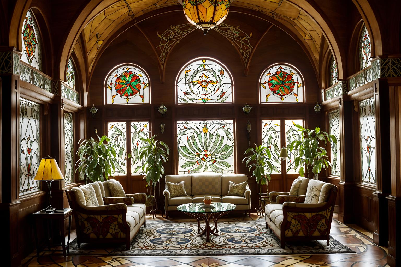 art nouveau-style (hotel lobby interior) with check in desk and rug and coffee tables and plant and hanging lamps and lounge chairs and sofas and furniture. . with stained glass and wallpaper pattners of spider webs and arches and curved forms and natural materials and wallpaper patterns of feathers and wallpaper patterns of stylized flowers and stained glass and curving, plant-like embellishments. . cinematic photo, highly detailed, cinematic lighting, ultra-detailed, ultrarealistic, photorealism, 8k. art nouveau interior design style. masterpiece, cinematic light, ultrarealistic+, photorealistic+, 8k, raw photo, realistic, sharp focus on eyes, (symmetrical eyes), (intact eyes), hyperrealistic, highest quality, best quality, , highly detailed, masterpiece, best quality, extremely detailed 8k wallpaper, masterpiece, best quality, ultra-detailed, best shadow, detailed background, detailed face, detailed eyes, high contrast, best illumination, detailed face, dulux, caustic, dynamic angle, detailed glow. dramatic lighting. highly detailed, insanely detailed hair, symmetrical, intricate details, professionally retouched, 8k high definition. strong bokeh. award winning photo.