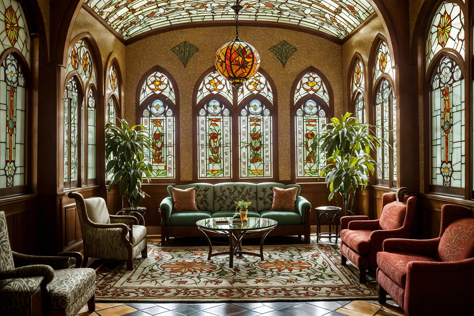 art nouveau-style (hotel lobby interior) with check in desk and rug and coffee tables and plant and hanging lamps and lounge chairs and sofas and furniture. . with stained glass and wallpaper pattners of spider webs and arches and curved forms and natural materials and wallpaper patterns of feathers and wallpaper patterns of stylized flowers and stained glass and curving, plant-like embellishments. . cinematic photo, highly detailed, cinematic lighting, ultra-detailed, ultrarealistic, photorealism, 8k. art nouveau interior design style. masterpiece, cinematic light, ultrarealistic+, photorealistic+, 8k, raw photo, realistic, sharp focus on eyes, (symmetrical eyes), (intact eyes), hyperrealistic, highest quality, best quality, , highly detailed, masterpiece, best quality, extremely detailed 8k wallpaper, masterpiece, best quality, ultra-detailed, best shadow, detailed background, detailed face, detailed eyes, high contrast, best illumination, detailed face, dulux, caustic, dynamic angle, detailed glow. dramatic lighting. highly detailed, insanely detailed hair, symmetrical, intricate details, professionally retouched, 8k high definition. strong bokeh. award winning photo.