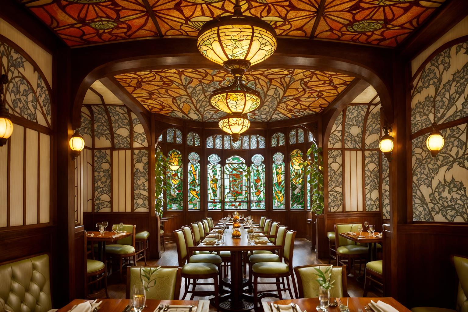 art nouveau-style (restaurant interior) with restaurant decor and restaurant dining tables and restaurant bar and restaurant chairs and restaurant decor. . with arches and curved forms and wallpaper pattners of spider webs and stained glass and japanese motifs and wallpaper patterns of stylized flowers and curving, plant-like embellishments and mosaics and wallpaper patterns of feathers. . cinematic photo, highly detailed, cinematic lighting, ultra-detailed, ultrarealistic, photorealism, 8k. art nouveau interior design style. masterpiece, cinematic light, ultrarealistic+, photorealistic+, 8k, raw photo, realistic, sharp focus on eyes, (symmetrical eyes), (intact eyes), hyperrealistic, highest quality, best quality, , highly detailed, masterpiece, best quality, extremely detailed 8k wallpaper, masterpiece, best quality, ultra-detailed, best shadow, detailed background, detailed face, detailed eyes, high contrast, best illumination, detailed face, dulux, caustic, dynamic angle, detailed glow. dramatic lighting. highly detailed, insanely detailed hair, symmetrical, intricate details, professionally retouched, 8k high definition. strong bokeh. award winning photo.