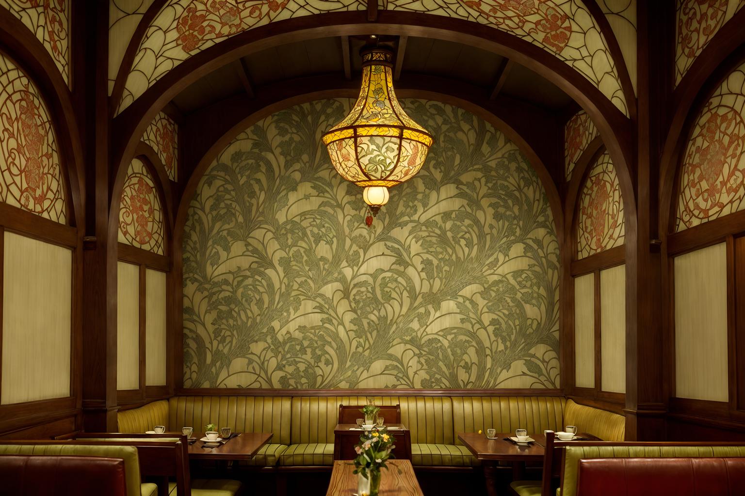 art nouveau-style (restaurant interior) with restaurant decor and restaurant dining tables and restaurant bar and restaurant chairs and restaurant decor. . with arches and curved forms and wallpaper pattners of spider webs and stained glass and japanese motifs and wallpaper patterns of stylized flowers and curving, plant-like embellishments and mosaics and wallpaper patterns of feathers. . cinematic photo, highly detailed, cinematic lighting, ultra-detailed, ultrarealistic, photorealism, 8k. art nouveau interior design style. masterpiece, cinematic light, ultrarealistic+, photorealistic+, 8k, raw photo, realistic, sharp focus on eyes, (symmetrical eyes), (intact eyes), hyperrealistic, highest quality, best quality, , highly detailed, masterpiece, best quality, extremely detailed 8k wallpaper, masterpiece, best quality, ultra-detailed, best shadow, detailed background, detailed face, detailed eyes, high contrast, best illumination, detailed face, dulux, caustic, dynamic angle, detailed glow. dramatic lighting. highly detailed, insanely detailed hair, symmetrical, intricate details, professionally retouched, 8k high definition. strong bokeh. award winning photo.