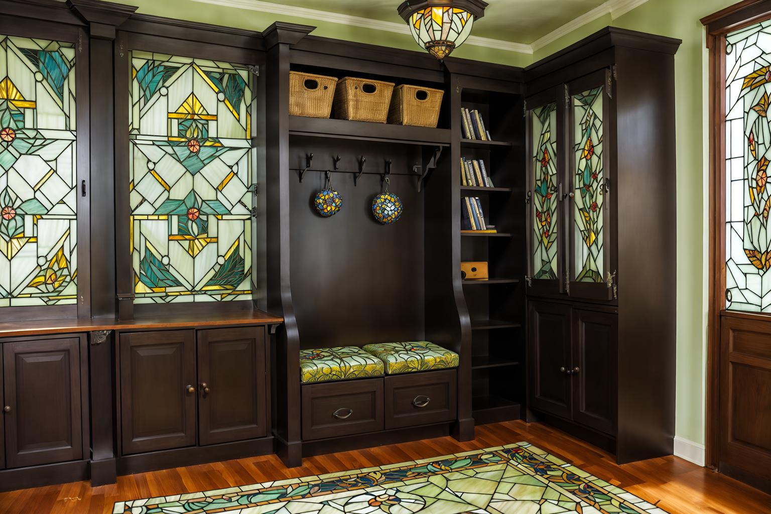 art nouveau-style (drop zone interior) with cubbies and storage drawers and wall hooks for coats and a bench and storage baskets and shelves for shoes and lockers and cabinets. . with ashy colors and mosaics and stained glass and curving, plant-like embellishments and wallpaper pattners of spider webs and stained glass and asymmetrical shapes and soft, rounded lines. . cinematic photo, highly detailed, cinematic lighting, ultra-detailed, ultrarealistic, photorealism, 8k. art nouveau interior design style. masterpiece, cinematic light, ultrarealistic+, photorealistic+, 8k, raw photo, realistic, sharp focus on eyes, (symmetrical eyes), (intact eyes), hyperrealistic, highest quality, best quality, , highly detailed, masterpiece, best quality, extremely detailed 8k wallpaper, masterpiece, best quality, ultra-detailed, best shadow, detailed background, detailed face, detailed eyes, high contrast, best illumination, detailed face, dulux, caustic, dynamic angle, detailed glow. dramatic lighting. highly detailed, insanely detailed hair, symmetrical, intricate details, professionally retouched, 8k high definition. strong bokeh. award winning photo.