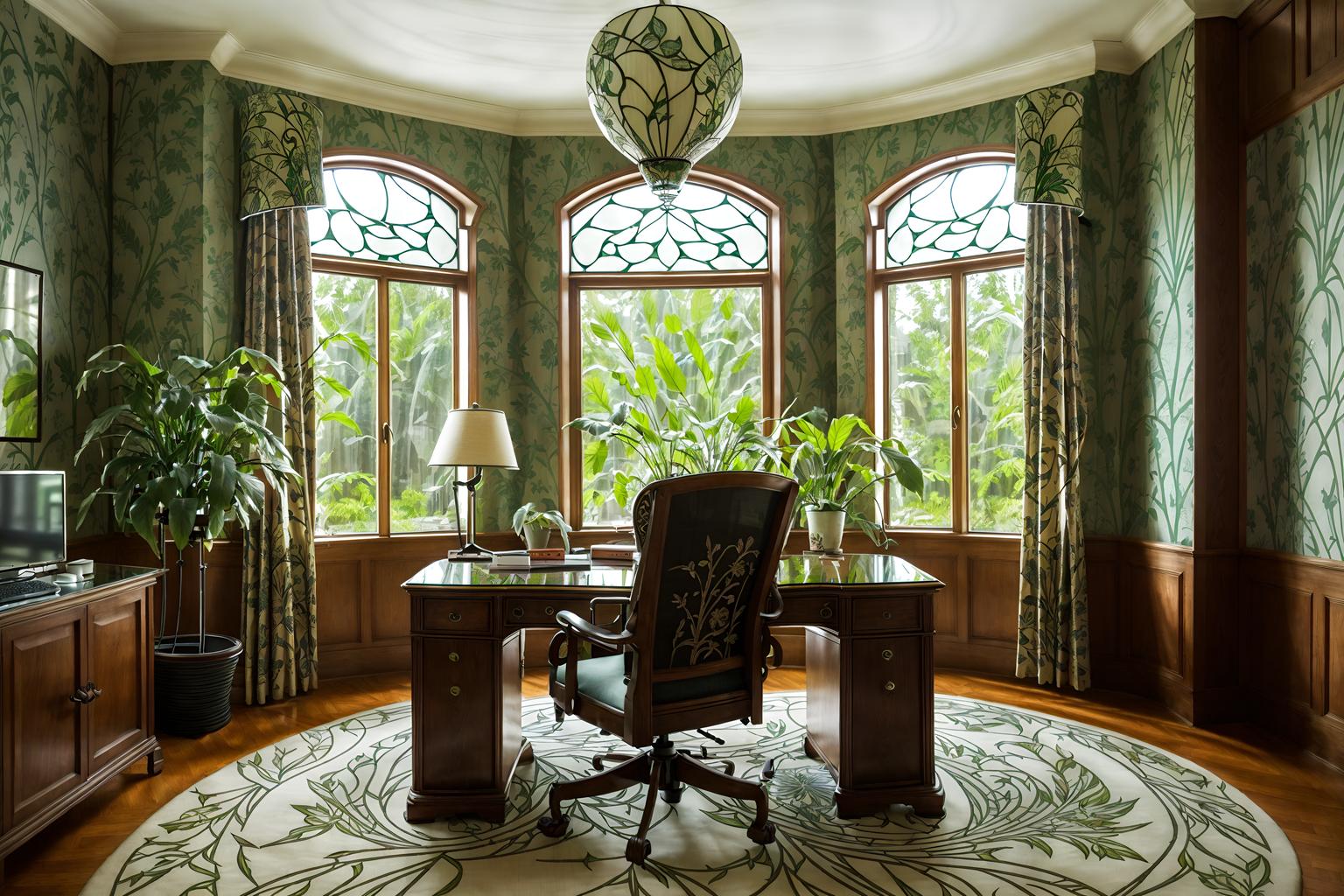 art nouveau-style (home office interior) with office chair and computer desk and plant and desk lamp and cabinets and office chair. . with wallpaper patterns of stylized flowers and wallpaper patterns of feathers and asymmetrical shapes and curved glass and soft, rounded lines and arches and curved forms and wallpaper pattners of spider webs and stained glass. . cinematic photo, highly detailed, cinematic lighting, ultra-detailed, ultrarealistic, photorealism, 8k. art nouveau interior design style. masterpiece, cinematic light, ultrarealistic+, photorealistic+, 8k, raw photo, realistic, sharp focus on eyes, (symmetrical eyes), (intact eyes), hyperrealistic, highest quality, best quality, , highly detailed, masterpiece, best quality, extremely detailed 8k wallpaper, masterpiece, best quality, ultra-detailed, best shadow, detailed background, detailed face, detailed eyes, high contrast, best illumination, detailed face, dulux, caustic, dynamic angle, detailed glow. dramatic lighting. highly detailed, insanely detailed hair, symmetrical, intricate details, professionally retouched, 8k high definition. strong bokeh. award winning photo.