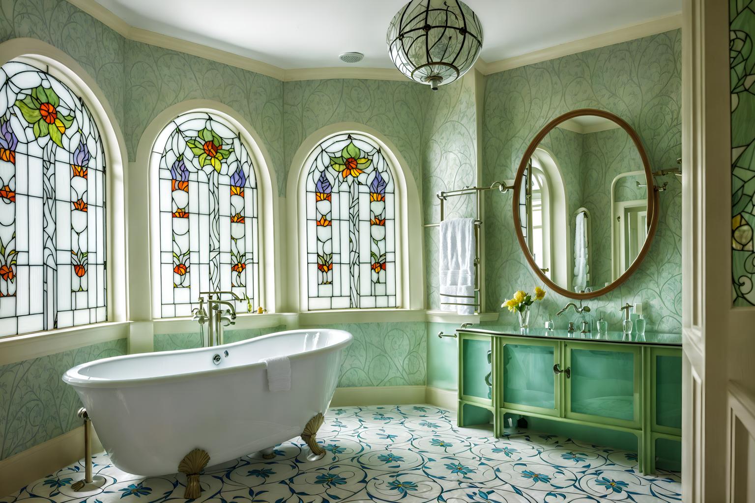 art nouveau-style (hotel bathroom interior) with toilet seat and mirror and bath towel and bath rail and bathroom sink with faucet and waste basket and shower and bathtub. . with curved glass and wallpaper pattners of spider webs and soft, rounded lines and stained glass and wallpaper patterns of stylized flowers and stained glass and japanese motifs and mosaics. . cinematic photo, highly detailed, cinematic lighting, ultra-detailed, ultrarealistic, photorealism, 8k. art nouveau interior design style. masterpiece, cinematic light, ultrarealistic+, photorealistic+, 8k, raw photo, realistic, sharp focus on eyes, (symmetrical eyes), (intact eyes), hyperrealistic, highest quality, best quality, , highly detailed, masterpiece, best quality, extremely detailed 8k wallpaper, masterpiece, best quality, ultra-detailed, best shadow, detailed background, detailed face, detailed eyes, high contrast, best illumination, detailed face, dulux, caustic, dynamic angle, detailed glow. dramatic lighting. highly detailed, insanely detailed hair, symmetrical, intricate details, professionally retouched, 8k high definition. strong bokeh. award winning photo.
