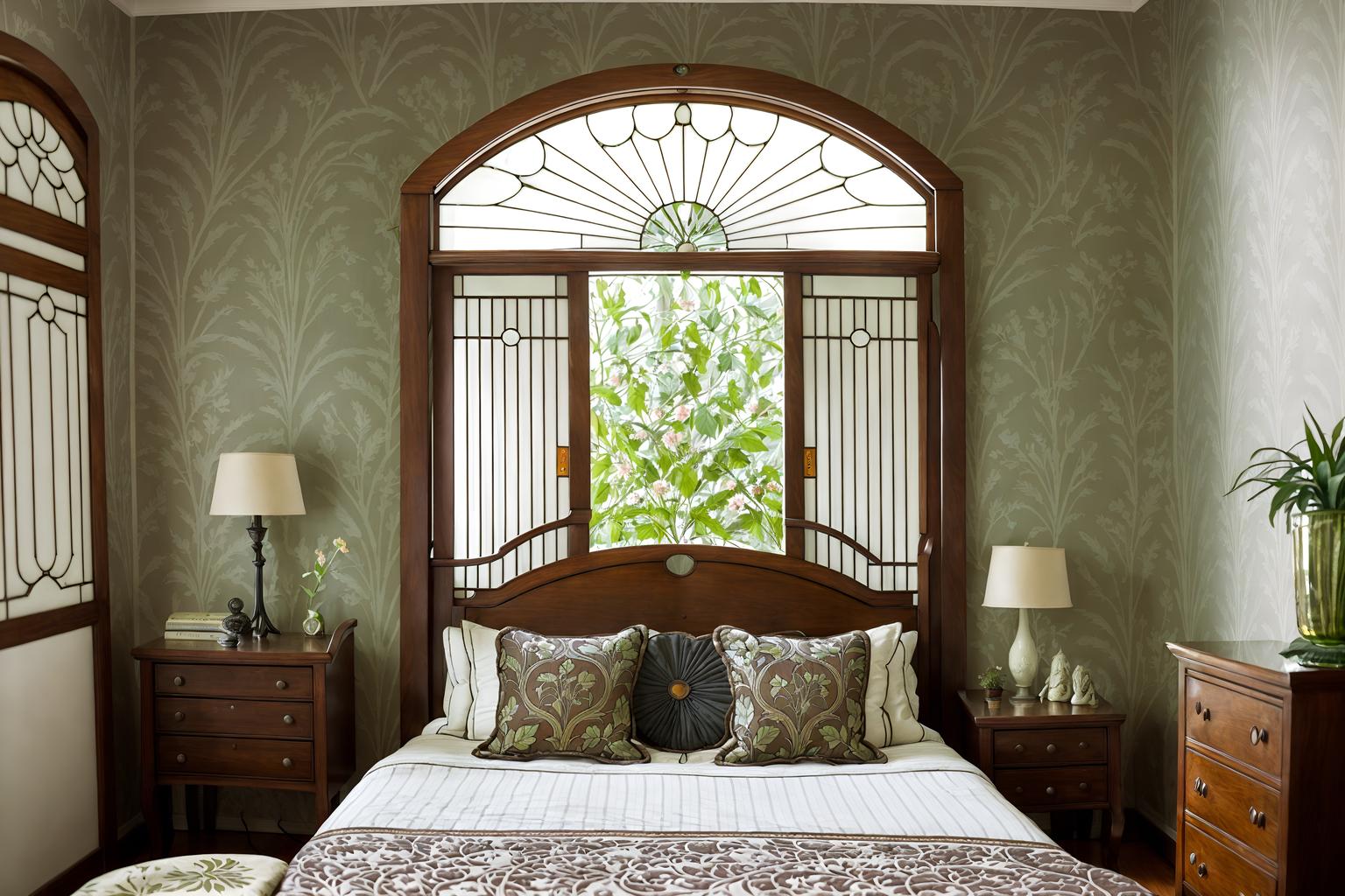 art nouveau-style (bedroom interior) with mirror and storage bench or ottoman and night light and plant and bed and dresser closet and bedside table or night stand and accent chair. . with asymmetrical shapes and wallpaper patterns of stylized flowers and arches and curved forms and wallpaper patterns of feathers and soft, rounded lines and ashy colors and stained glass and japanese motifs. . cinematic photo, highly detailed, cinematic lighting, ultra-detailed, ultrarealistic, photorealism, 8k. art nouveau interior design style. masterpiece, cinematic light, ultrarealistic+, photorealistic+, 8k, raw photo, realistic, sharp focus on eyes, (symmetrical eyes), (intact eyes), hyperrealistic, highest quality, best quality, , highly detailed, masterpiece, best quality, extremely detailed 8k wallpaper, masterpiece, best quality, ultra-detailed, best shadow, detailed background, detailed face, detailed eyes, high contrast, best illumination, detailed face, dulux, caustic, dynamic angle, detailed glow. dramatic lighting. highly detailed, insanely detailed hair, symmetrical, intricate details, professionally retouched, 8k high definition. strong bokeh. award winning photo.