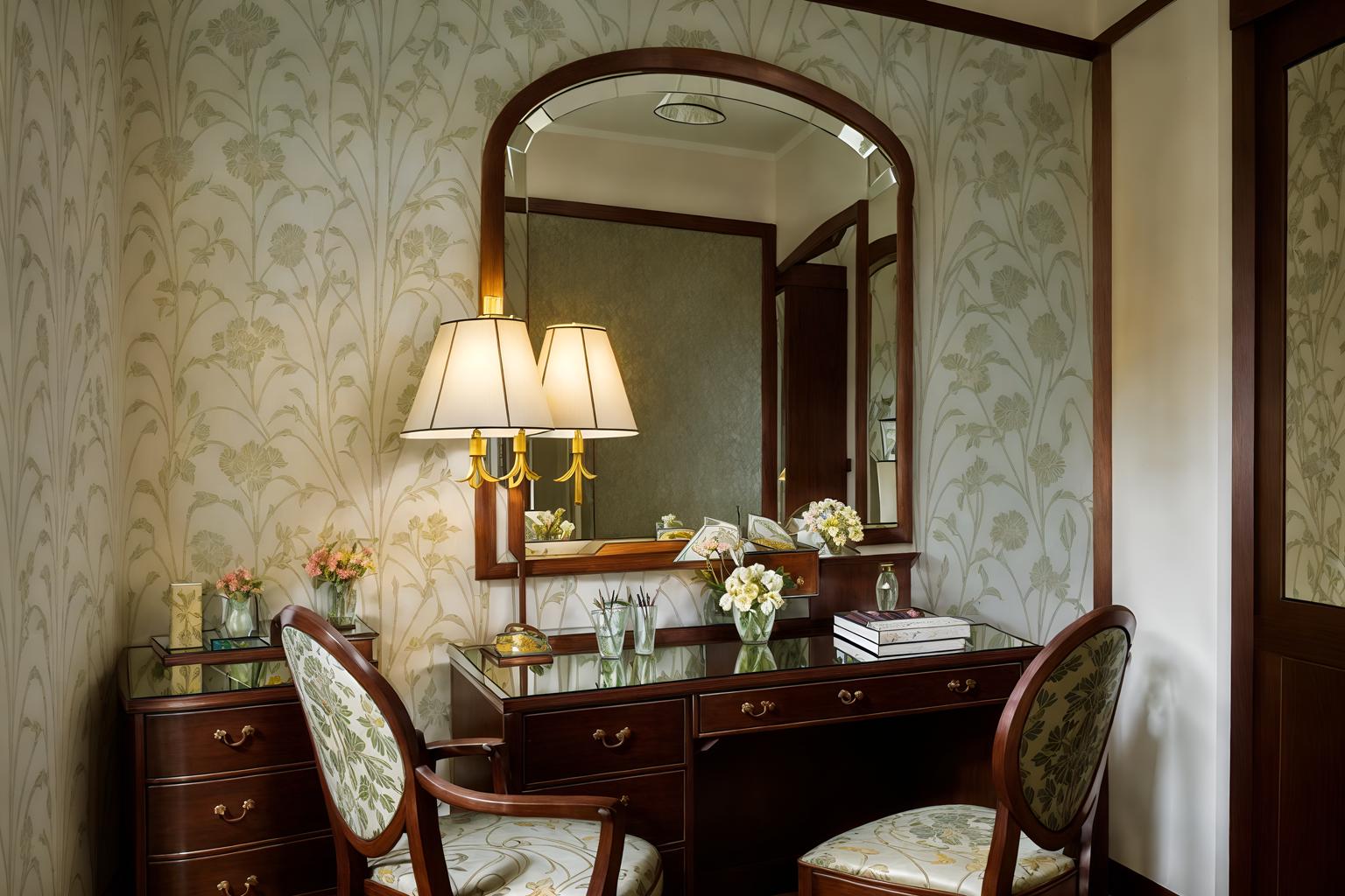 art nouveau-style (hotel room interior) with mirror and night light and hotel bathroom and dresser closet and accent chair and storage bench or ottoman and working desk with desk chair and bed. . with curved glass and ashy colors and soft, rounded lines and mosaics and wallpaper patterns of feathers and wallpaper patterns of stylized flowers and japanese motifs and stained glass. . cinematic photo, highly detailed, cinematic lighting, ultra-detailed, ultrarealistic, photorealism, 8k. art nouveau interior design style. masterpiece, cinematic light, ultrarealistic+, photorealistic+, 8k, raw photo, realistic, sharp focus on eyes, (symmetrical eyes), (intact eyes), hyperrealistic, highest quality, best quality, , highly detailed, masterpiece, best quality, extremely detailed 8k wallpaper, masterpiece, best quality, ultra-detailed, best shadow, detailed background, detailed face, detailed eyes, high contrast, best illumination, detailed face, dulux, caustic, dynamic angle, detailed glow. dramatic lighting. highly detailed, insanely detailed hair, symmetrical, intricate details, professionally retouched, 8k high definition. strong bokeh. award winning photo.